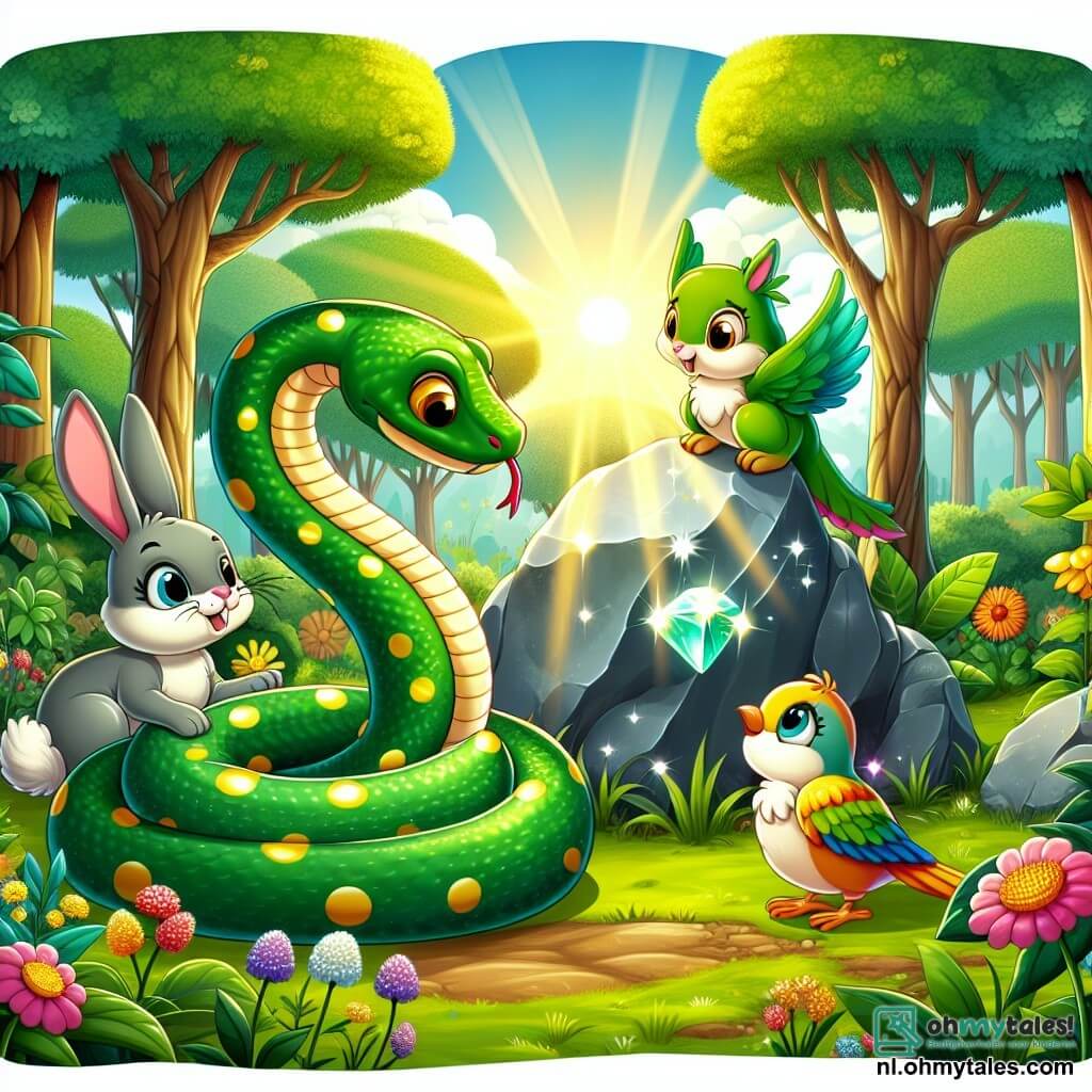 Une illustration sous forme de dessin destinée aux enfants représentant une magnifique clairière ensoleillée, entourée d'arbres majestueux et de fleurs colorées, où un serpent à la peau verte brillante parsemée de taches dorées s'enroule autour d'une grande pierre scintillante, tandis qu'un joyeux lapin aux grandes oreilles et une petite oiseau aux plumes éclatantes l'observent avec curiosité, alors qu'ils découvrent ensemble une mystérieuse pierre magique qui pourrait les mener à une grande aventure.