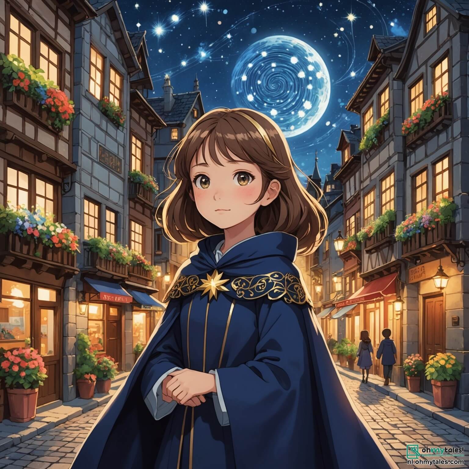 Une illustration destinée aux enfants représentant une jeune femme aux cheveux brillants comme la nuit étoilée, vêtue d'une cape scintillante qui semble capturer la lumière des étoiles, se tenant fièrement au centre d'une ville animée où les rues pavées sont bordées de maisons colorées aux volets en bois et aux balcons fleuris, tandis qu'un groupe de ses amis courageux, dont un garçon au costume vert vif, une fille aux lunettes de scientifique et un garçon espiègle avec des gadgets technologiques, se rassemblent autour d'elle pour l'aider à combattre un mystérieux méchant aux pouvoirs sombres qui menace de plonger leur belle ville dans l'obscurité, le tout se déroulant sous un ciel crépusculaire où les étoiles commencent à scintiller, promettant une aventure pleine de magie et de bravoure.
