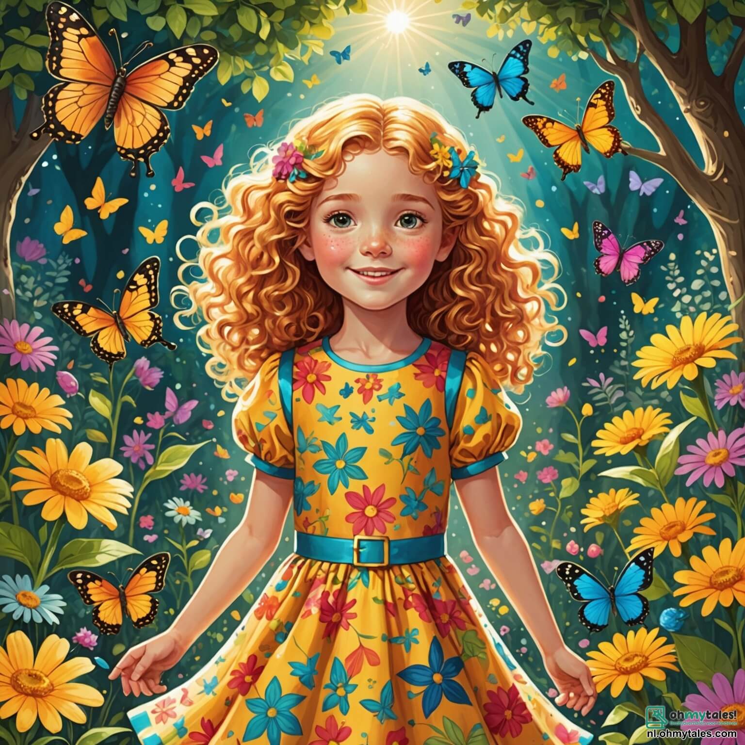 Une illustration destinée aux enfants représentant une jeune fille aux cheveux bouclés et dorés, scintillant comme des rayons de soleil, vêtue d'une robe colorée ornée de motifs étoilés, se tenant au milieu d'un jardin enchanté rempli de fleurs aux teintes éclatantes et de papillons virevoltants, alors qu'elle découvre une pierre magique scintillante au milieu des pétales, entourée de son meilleur ami, un garçon au sourire espiègle et aux yeux pétillants de curiosité, dans un village pittoresque nommé Toverland, où des maisons en bois aux toits de chaume s'alignent le long de ruelles pavées, et où l'air est empli d'un parfum sucré de miel et de lavande, tandis qu'elle se lance dans une quête pour apprendre les secrets de la sorcellerie auprès d'une sage et mystérieuse chouette perchée sur une branche d'un grand chêne majestueux.
