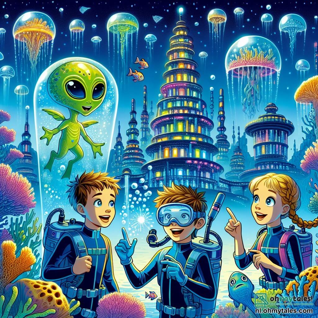 Illustratie van een onderwater scène in een buitenaardse stad genaamd Luminaris. De stad wordt verlicht door kleurrijke lichten van gigantische koralen en schelpachtige structuren, drijvend in kristalhelder water. Vreemde zeedieren met levendige kleuren zwemmen eromheen, wat bijdraagt aan de magische sfeer. In het midden van de scène staat een jongen van ongeveer 10 jaar met bruin haar en een bril in een blauwe duikuitrusting. Hij kijkt verwonderd naar een hologram dat voor hem zweeft. Naast hem staat een meisje van ongeveer 9 jaar met blonde vlechten, die glimlacht en met een vinger wijst naar een prachtig koraaltorengebouw. Achter hen zweeft een vriendelijke buitenaardse wezen, klein en groen met grote glanzende ogen, net boven de grond, terwijl hij een glinsterende holografische kaart vasthoudt. De hoofdscène toont de kinderen en de buitenaardse samen de wonderen van de onderwaterstad ontdekken, terwijl luchtbellen om hen heen ontsnappen, wat een vrolijke en avontuurlijke sfeer creëert. Kleurrijke vissen zwemmen op de achtergrond, wat extra leven toevoegt aan deze feeërieke scène.