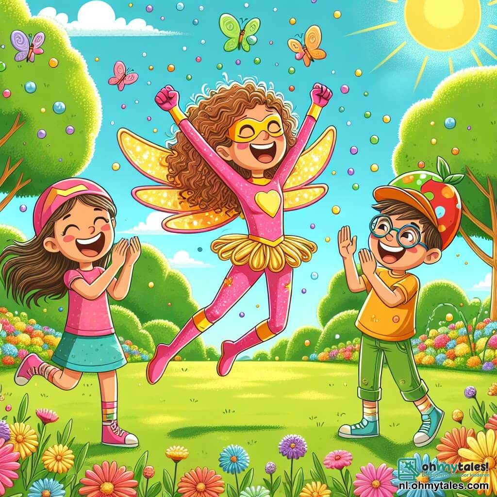 Illustratie van een zonnig park, vol met kleurrijke bloemen en groene bomen. In het midden staat een superheldin, een vrouw met glanzend, krullend haar, in een roze kostuum met gele stippen en grote, glinsterende vleugels. Ze lacht terwijl ze vrolijk in de lucht springt, met haar armen omhoog, alsof ze probeert te vliegen. Naast haar staan twee bijfiguren: een jongen van ongeveer 8 jaar met een bril en een spaghetti-cape, die met een grote glimlach springt, en een meisje van ongeveer 7 jaar met een grappige fruitvormige pet, die lachend applaudisseert. De hoofdsituatie toont de drie vrienden in actie, die samen springen en lachen, wat de geest van kameraadschap en vreugde illustreert. Lachenbellen zweven om hen heen en enkele kleurrijke vogels vliegen door de blauwe lucht, wat een vleugje magie aan deze speelse scène toevoegt.