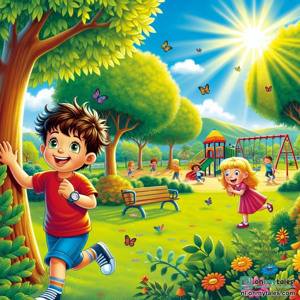 Illustratie van een vrolijke scène in een zonnig park. Het park is gevuld met weelderig groen, met grote bomen met stralende bladeren en kleurrijke bloemen die dansen in de wind. In het midden is er een groot speelterrein met schommels, een glijbaan en lachende, spelende kinderen. Een zesjarig jongetje met rommelig bruin haar en sprankelende ogen speelt verstoppertje. Hij draagt een rode t-shirt en een blauwe short, en hij glimlacht breed terwijl hij enthousiast telt. Naast hem verstopt een zesjarig meisje met gevlochten blond haar en een roze jurk zich achter een boom, met ondeugende ogen. De hoofdscène toont het jongetje dat telt, terwijl het meisje zich verstopt, ongeduldig om niet gevonden te worden. De zon schijnt in de blauwe lucht, en andere kinderen spelen eromheen, wat een sfeer van vreugde en vriendschap creëert. Kleurrijke vlinders fladderen rond, wat een magisch tintje aan deze scène van geluk en kameraadschap toevoegt.