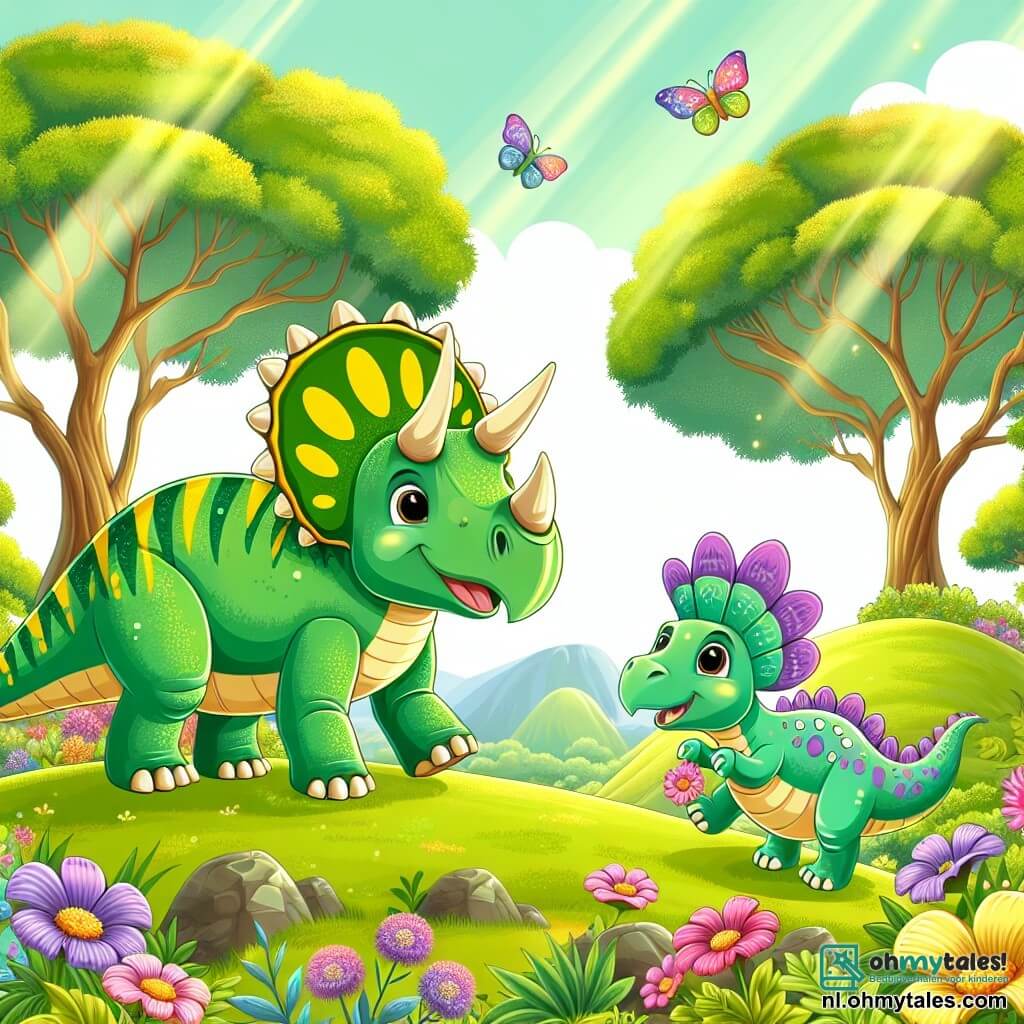 Illustratie van een groen landschap van een prehistorisch eiland, met zachte heuvels, kleurrijke bomen met glanzende bladeren en stralende bloemen in alle kleuren. Op de voorgrond staat een blije Triceratops met een groene huid en gele patronen op zijn sterke poten, zijn drie scherpe hoorns trots omhoog, terwijl hij lacht en zich voorbereidt om te spelen. Naast hem springt een kleine Parasaurolophus in paarse en roze tinten, met een lange kam op zijn hoofd, vrolijk met sprankelende ogen van blijdschap. De scène toont de twee dinosaurussen die geurige bloemen snuffelen, omringd door kleurrijke vlinders die om hen heen fladderen, wat een speelse en vriendelijke sfeer creëert. Zonnestralen filteren door de bomen en voegen een vleugje magie toe aan dit moment van vreugde en ontdekking.