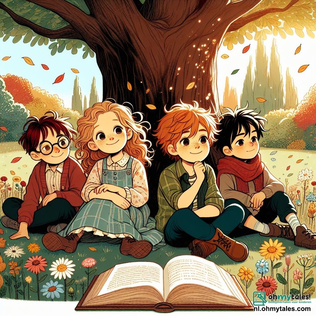 Une illustration sous forme de dessin destinée aux enfants représentant un groupe de quatre enfants de 9 ans assis ensemble sous un grand chêne dans un parc ensoleillé, deux garçons aux cheveux roux et bruns, l'un avec des lunettes et un sourire doux, l'autre avec des taches de rousseur, une fille aux cheveux blonds et bouclés, pleine d'énergie, et un garçon aux cheveux noirs, regardant pensivement un livre rempli de souvenirs, alors qu'ils se remémorent ensemble des moments joyeux avec un ami disparu, entourés de fleurs colorées et de feuilles d'automne tombantes, symbolisant à la fois la tristesse et la beauté des souvenirs.