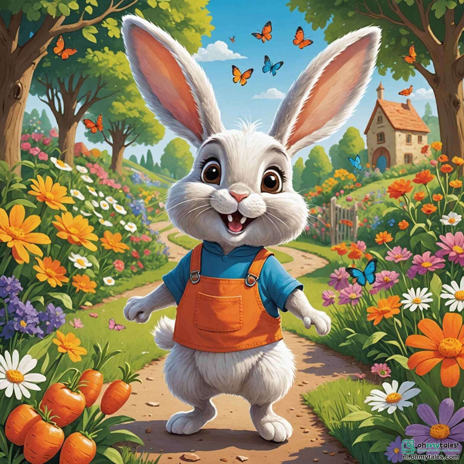 Une illustration destinée aux enfants représentant un adorable lapin aux grandes oreilles soyeuses et à la fourrure blanche éclatante, sautillant joyeusement à travers un jardin coloré rempli de fleurs éclatantes, de papillons virevoltants et de rangées de carottes bien alignées, tandis qu'il se prépare avec son amie espiègle, une petite écureuil à la queue touffue, à participer à une compétition hilarante de la plus grosse carotte, le tout sous un ciel bleu azur parsemé de nuages cotonneux, dans le charmant village de Flapperep où la bonne humeur et les rires des autres animaux résonnent autour d'eux.