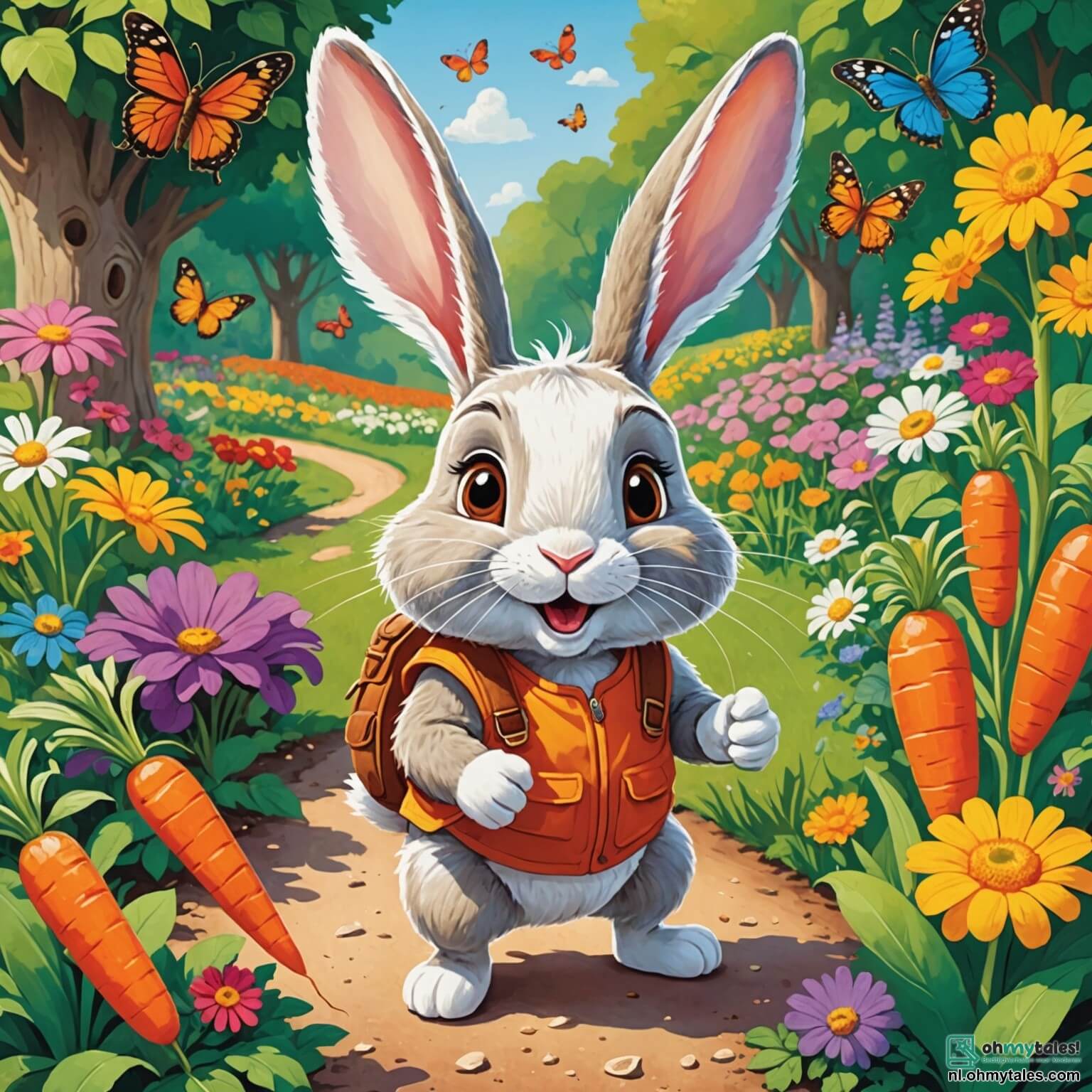 Une illustration destinée aux enfants représentant un adorable lapin aux grandes oreilles soyeuses et à la fourrure d'un blanc éclatant, sautillant joyeusement dans un jardin coloré rempli de carottes géantes, de fleurs éclatantes aux pétales multicolores et de papillons virevoltants, alors qu'il se prépare avec enthousiasme pour une compétition amusante de récolte de légumes, entouré de ses amis, une malicieuse petite souris au pelage brun et une sage tortue au dos orné de motifs délicats, tous réunis sous un ciel azur parsemé de nuages cotonneux, dans un parc vibrant de vie où le rire et l'amitié se mêlent à l'air frais du matin.