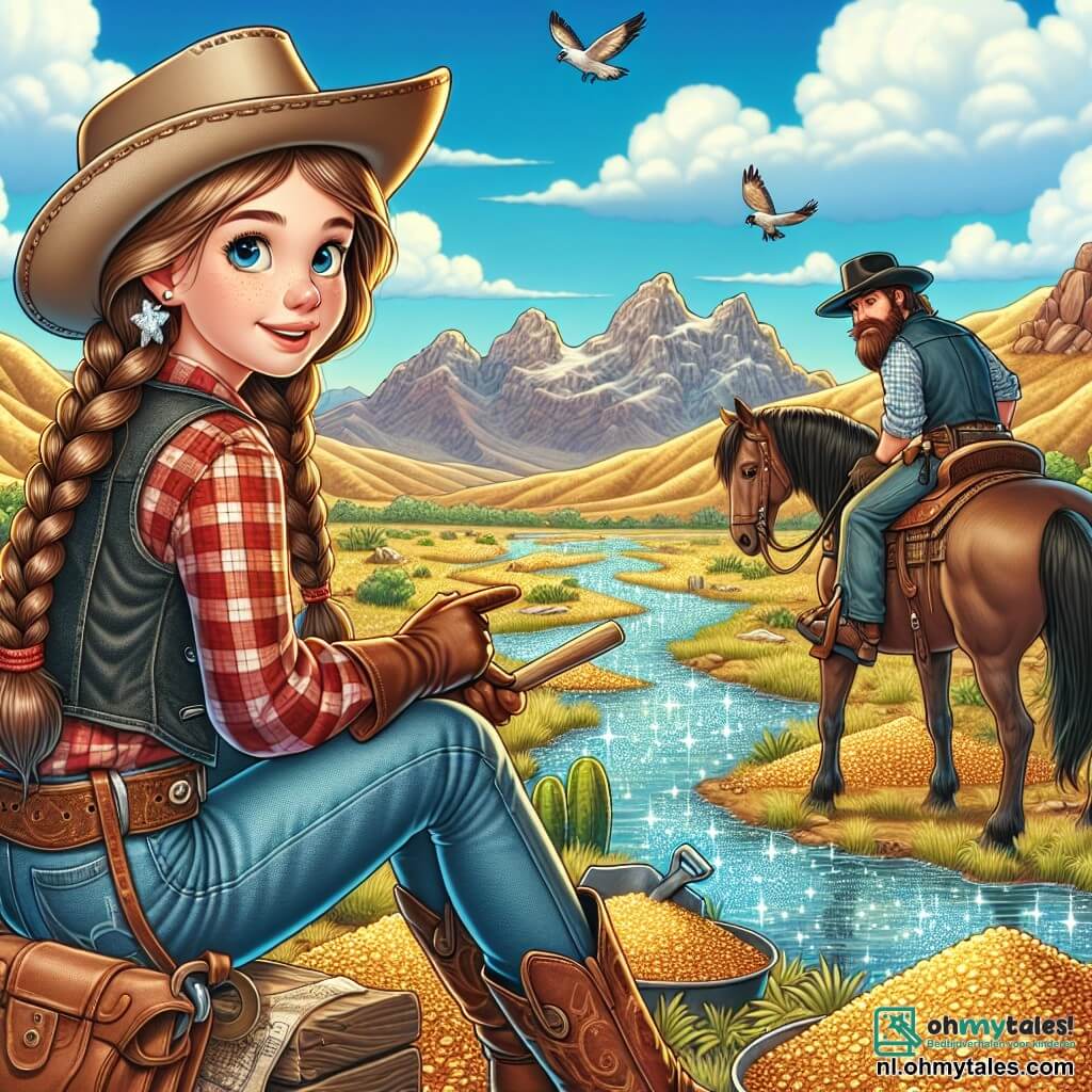 Illustratie van een landschap uit het Wilde Westen, met gouden heuvels onder een stralend blauwe lucht, bezaaid met pluizige witte wolken. Op de voorgrond zit een jonge cowgirl met lange, gevlochten bruine haren, een beige cowboyhoed, een rood geruite blouse en een leren vest. Ze zit op een robuust paard, met een vastberaden uitdrukking op haar gezicht, terwijl ze met de ene hand een kaart vasthoudt en met de andere hand een richting aanwijst. Naast haar staat een man van rond de dertig met een grote bruine baard en een zwarte hoed, die de fonkelende rivier in de buurt observeert. Hij draagt een spijkerblouse en leren laarzen en houdt een schop vast, klaar om naar goud te zoeken. De scène toont de cowgirl en de man die enthousiast met elkaar praten, omringd door glanzende stenen en schoppen, wat hun zoektocht naar avontuur en schatten symboliseert. Op de achtergrond rijzen majestueuze bergen op, wat een vleugje mysterie aan hun expeditie toevoegt. Vogels vliegen door de lucht en enkele cactussen staan op de zandige grond, wat dit levendige tafereel van het Wilde Westen compleet maakt.