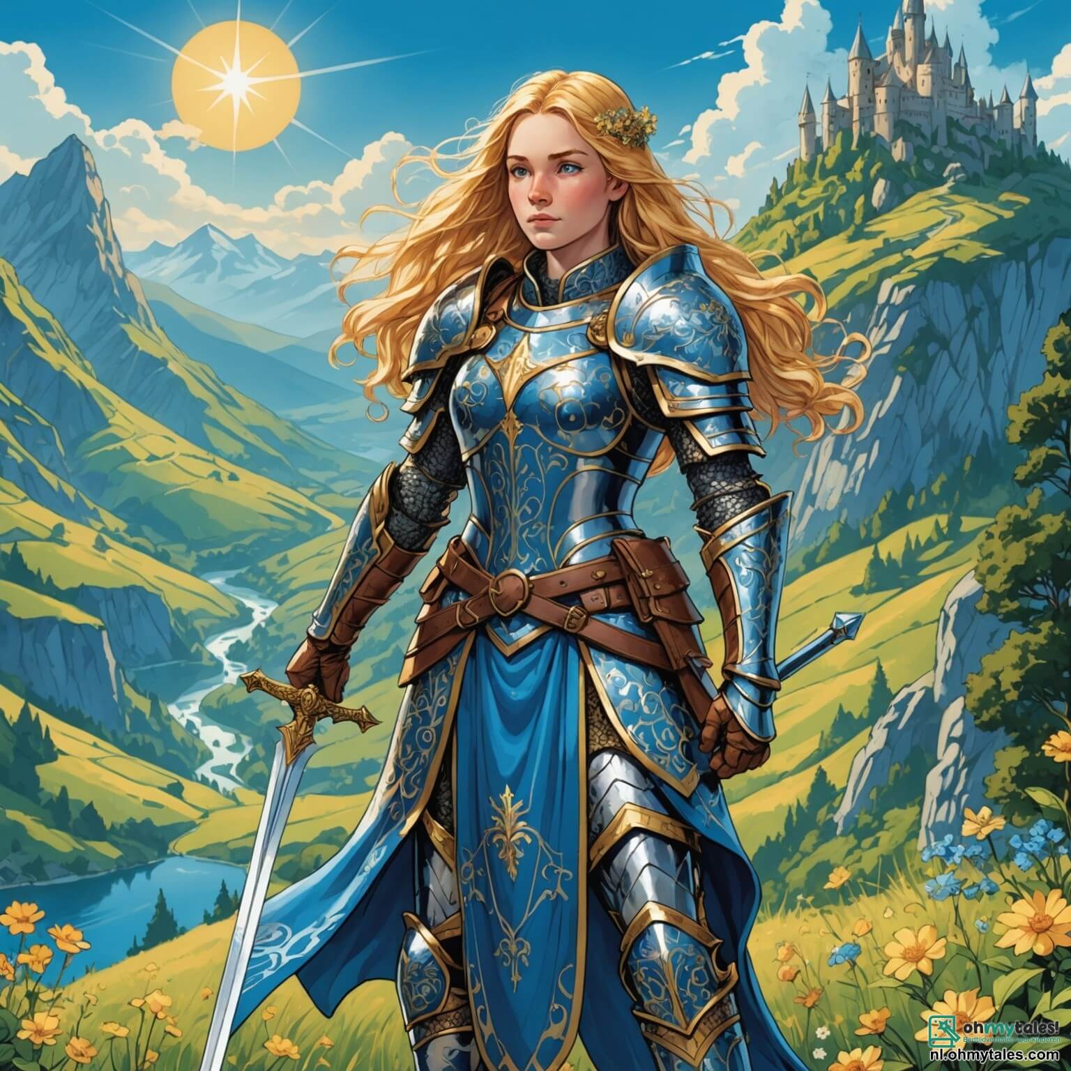 Une illustration destinée aux enfants représentant une courageuse chevaleresse aux longs cheveux dorés, vêtue d'une armure scintillante ornée de motifs floraux, brandissant son épée étincelante sous le ciel bleu azur, se tenant fièrement sur un sommet verdoyant des majestueuses montagnes de Vergetelheid, où elle se prépare à affronter une terrible maladie qui frappe son royaume, accompagnée de son fidèle ami, un jeune garçon au regard pétillant de détermination, qui l'encourage à surmonter les épreuves, tandis qu'en arrière-plan, se dressent des forêts enchantées aux arbres gigantesques, des rivières scintillantes et des créatures magiques qui observent leur quête avec espoir et admiration.