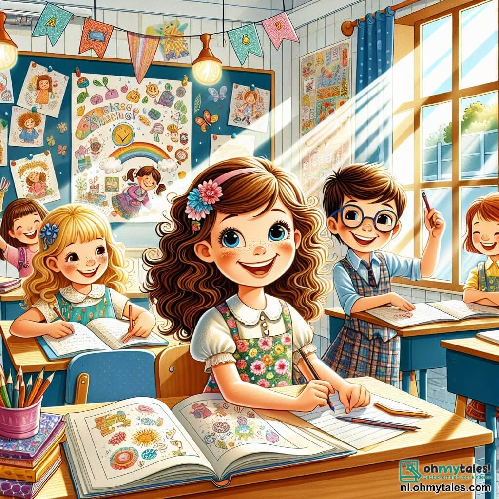 Illustratie van een vrolijke scène in een heldere en kleurrijke klas. De muren zijn versierd met kleurrijke posters en kindertekeningen, terwijl zonnestralen door grote ramen filteren en de houten bureaus verlichten. In het midden zit een meisje van ongeveer 10 jaar met bruin, krullend haar, een bloemenjurk en een grote glimlach. Ze zit aan een bureau met een open schrift voor zich, een pen in de hand, klaar om te schrijven. Naast haar zit een ander meisje van 10 jaar met blond haar in twee staartjes, gekleed in een blauwe blouse, die vrolijk lacht en een tekening aan haar vriendin laat zien. Achter hen staat een 10-jarige jongen met kastanjebruin haar en een bril, die een geïllustreerd boek vasthoudt, met twinkelende ogen van opwinding. Hij lijkt klaar om een verhaal met zijn vriendinnen te delen. De hoofdscène toont de kinderen die hun nieuwe klas ontdekken, ideeën en lachen uitwisselend, vol enthousiasme voor het nieuwe schooljaar. Kleurrijke schoolbenodigdheden zoals potloden, gummen en boeken liggen verspreid over de bureaus, wat leven toevoegt aan deze scène van leren en vriendschap.
