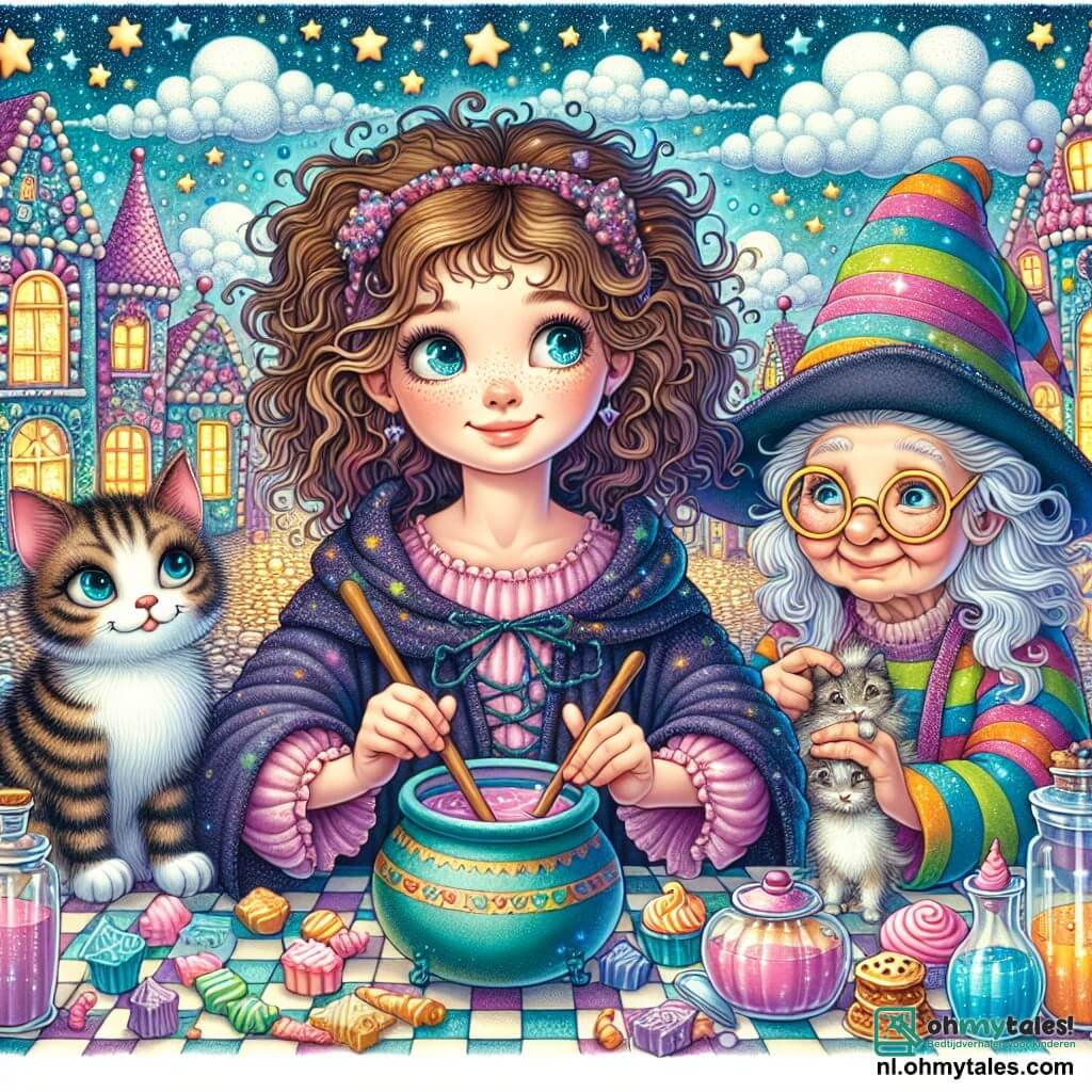 Une illustration destinée aux enfants représentant une jeune fille aux cheveux bouclés et indomptés, avec des yeux pétillants de curiosité, en train de concocter une potion magique dans la cuisine de sa mentor excentrique, une vieille sorcière aux robes colorées et aux lunettes en forme d’étoile, dans un village enchanteur où les maisons en bonbons s’alignent le long de ruelles pavées scintillantes, tandis que l'air embaume les délicieuses odeurs de gâteaux fraîchement cuits et que des animaux parlants, comme ses deux chats espiègles, un mâle au pelage tigré et une femelle aux poils soyeux, l’accompagnent dans sa quête pour réaliser un sort qui permettra à ses compagnons félins de s’exprimer, tout cela sous le regard bienveillant d’un ciel bleu parsemé de nuages cotonneux.