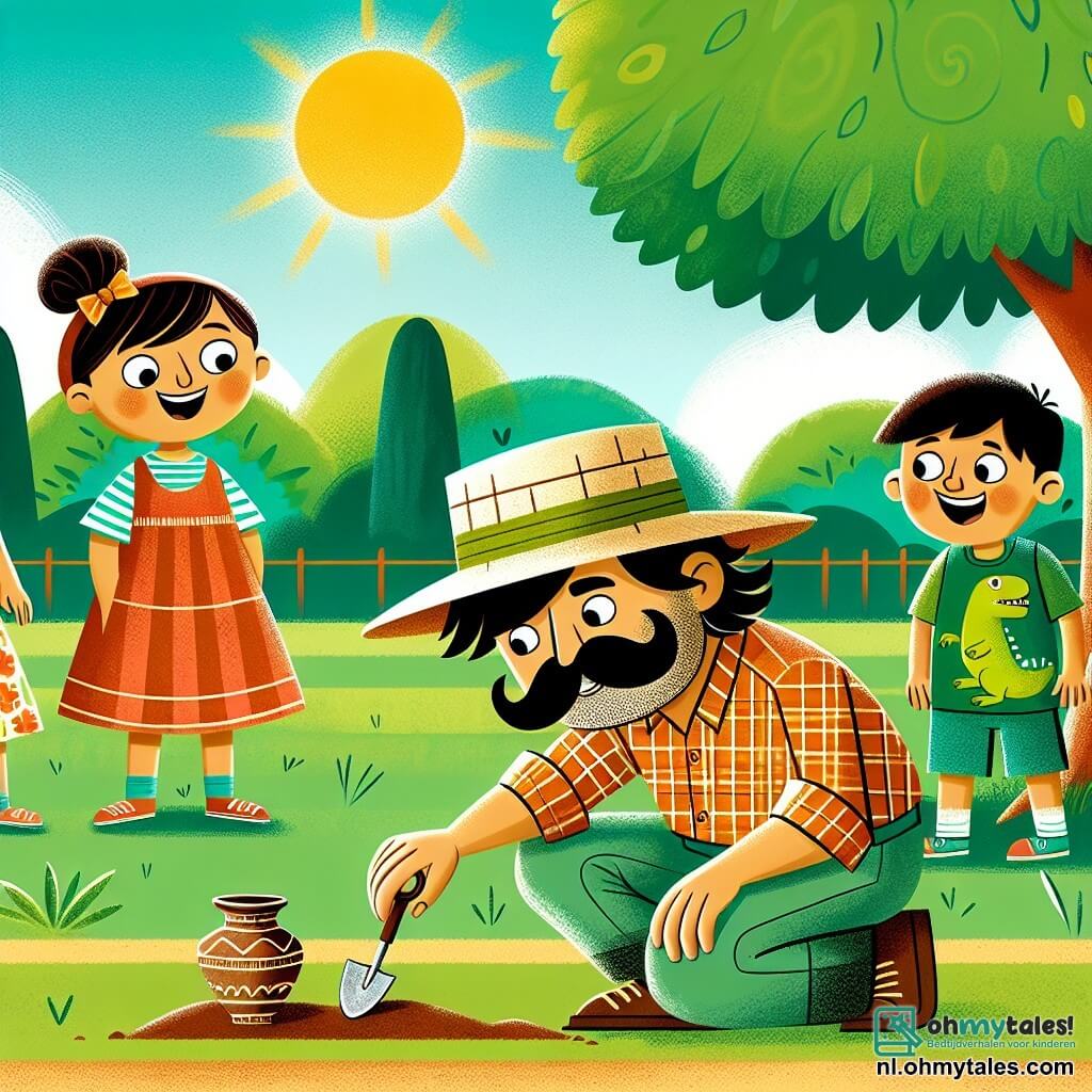 Une illustration sous forme de dessin destinée aux enfants représentant un parc ensoleillé avec des arbres verdoyants et une terre légèrement perturbée, où un homme à la grande moustache, portant un chapeau de paille et une chemise à carreaux, est accroupi en train de gratter le sol avec une petite pelle, tandis que trois enfants, une fille avec une jolie robe rouge et un nœud dans les cheveux, un garçon en t-shirt vert avec un motif de dinosaure, et un autre garçon souriant, l'observent avec émerveillement, alors qu'ils viennent de découvrir une ancienne poterie enfouie dans le sol, symbolisant leur passion pour l'archéologie et l'aventure.