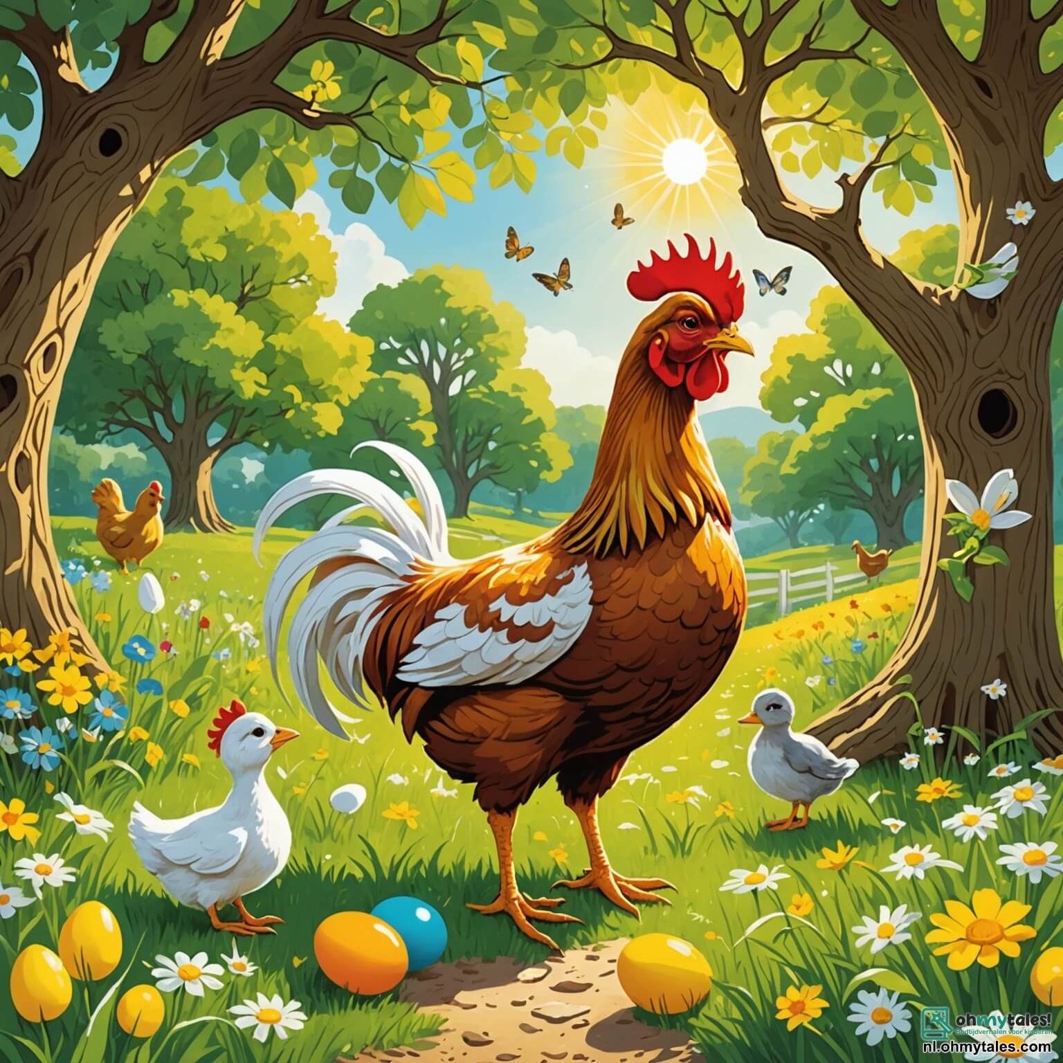 Une illustration destinée aux enfants représentant une poule au plumage doré et éclatant, se tenant fièrement sous un grand chêne aux feuilles vertes et brillantes, entourée de ses amis, un canard malicieux aux plumes blanches et un lapin aux grandes oreilles, alors qu'ils découvrent une mystérieuse mandoline remplie d'œufs colorés, perdue dans un champ de fleurs sauvages aux couleurs vives, où le soleil brille et où le doux parfum des herbes fraîches flotte dans l'air, créant une atmosphère d'aventure et de camaraderie.