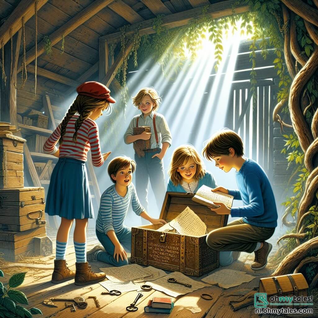 Illustratie van een mysterieuze scène in een oude houten schuur, omringd door majestueuze bomen en weelderige lianen. Het zonlicht filtert door de takken en creëert dansende schaduwen op de stoffige grond. In het midden zijn vier kinderen, twee meisjes en twee jongens, bezig met een onderzoek. Het eerste meisje, ongeveer 12 jaar oud, heeft lang bruin haar en draagt een rode pet. Ze houdt een oud open dagboek vast, met glinsterende ogen van opwinding. Het tweede meisje, ook 12 jaar oud, heeft blond gevlochten haar en draagt een gestreept t-shirt. Ze observeert aandachtig een verroeste sleutel die ze in haar hand houdt. De eerste jongen, ongeveer 11 jaar, heeft rommelig kastanjebruin haar en draagt een blauwe trui. Hij leunt over een oude houten kist, gefascineerd door de inhoud. De tweede jongen, 12 jaar oud, heeft ronde brillen en een ondeugende glimlach, hij wijst naar een mysterieuze inscriptie op de kist. De scène straalt een sfeer van avontuur en mysterie uit, met oude voorwerpen verspreid om hen heen, zoals een oude fiets en spinnenwebben. De kinderen lijken vastbesloten om het mysterie dat hen omringt op te lossen, klaar om de verborgen geheimen van de schuur te ontdekken.