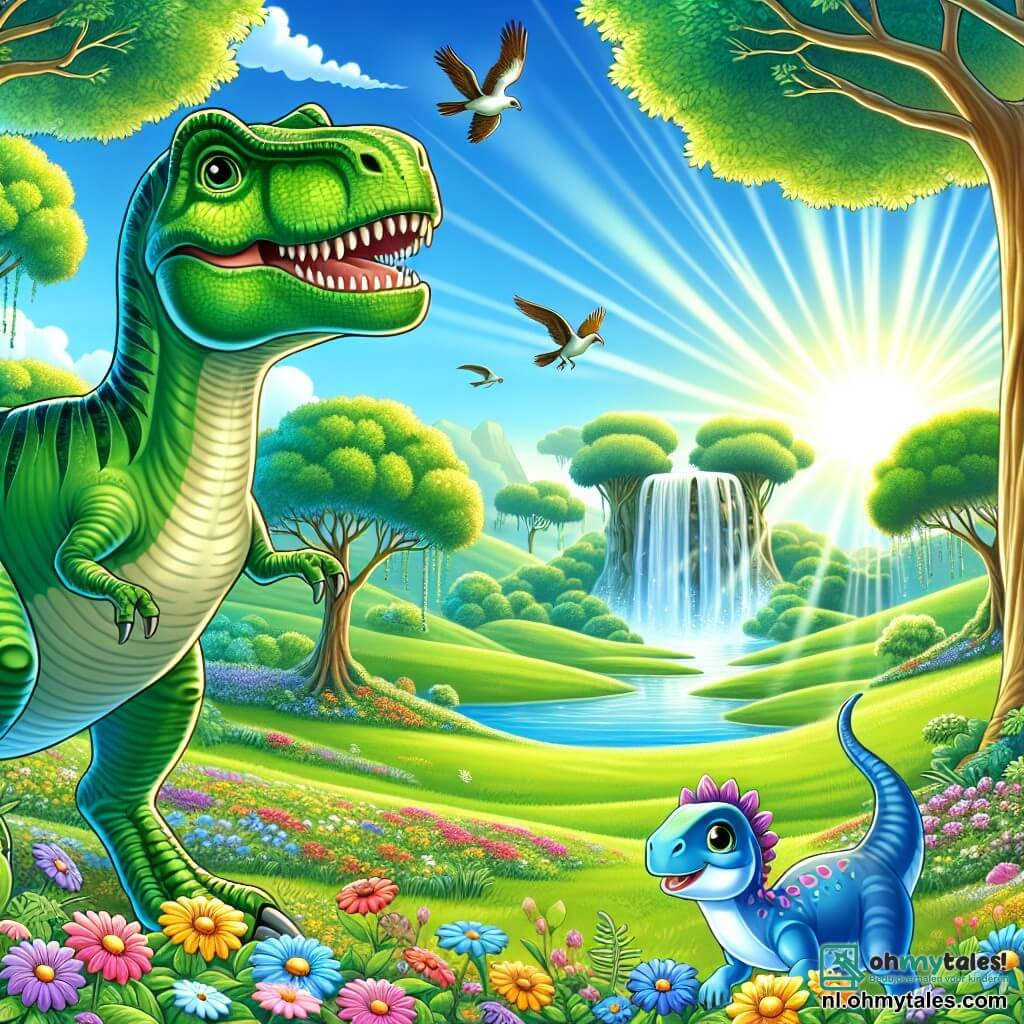 Illustratie van een uitgestrekte groene vallei, bezaaid met kleurrijke bloemen en grote bomen met glanzende bladeren, onder een stralende blauwe lucht. Op de voorgrond staat een Tyrannosaurus Rex, met een groene huid en glanzende schubben, nieuwsgierig met zijn grote hoofd gericht op een prachtige waterval met fonkelend water. Naast hem danst een jonge parasaurolophus met een lange nek en een kenmerkende kam, in paarse en roze tinten, vrolijk met zijn achterpoten in de lucht. Op de achtergrond kijkt een klein blauwe dinosaurus, met grote ronde ogen en een klein kammetje op zijn hoofd, met een vriendelijke glimlach toe. De scène straalt een sfeer van vreugde en avontuur uit, met kleurrijke vogels die boven vliegen en zonnestralen die door de bomen filteren, wat een magische en gastvrije ambiance creëert.