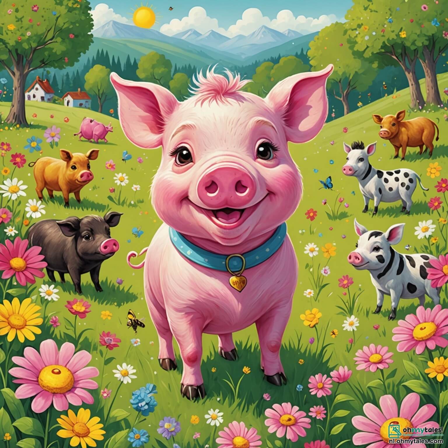 Une illustration destinée aux enfants représentant un adorable cochon à la peau rose et brillante, avec de grands yeux pétillants de malice et une petite queue en tire-bouchon, qui se trouve au cœur d'une prairie verdoyante parsemée de fleurs colorées dans tous les coins, où il s'apprête à organiser une fête d'anniversaire joyeuse entouré de ses amis, un joyeux groupe d'animaux comprenant une abeille bourdonnante, une lionne espiègle et une tortue sage, tous impatients de participer à des jeux amusants et de déguster une délicieuse tarte aux fraises sous un ciel bleu éclatant, tandis que des ballons multicolores flottent doucement dans la brise légère.
