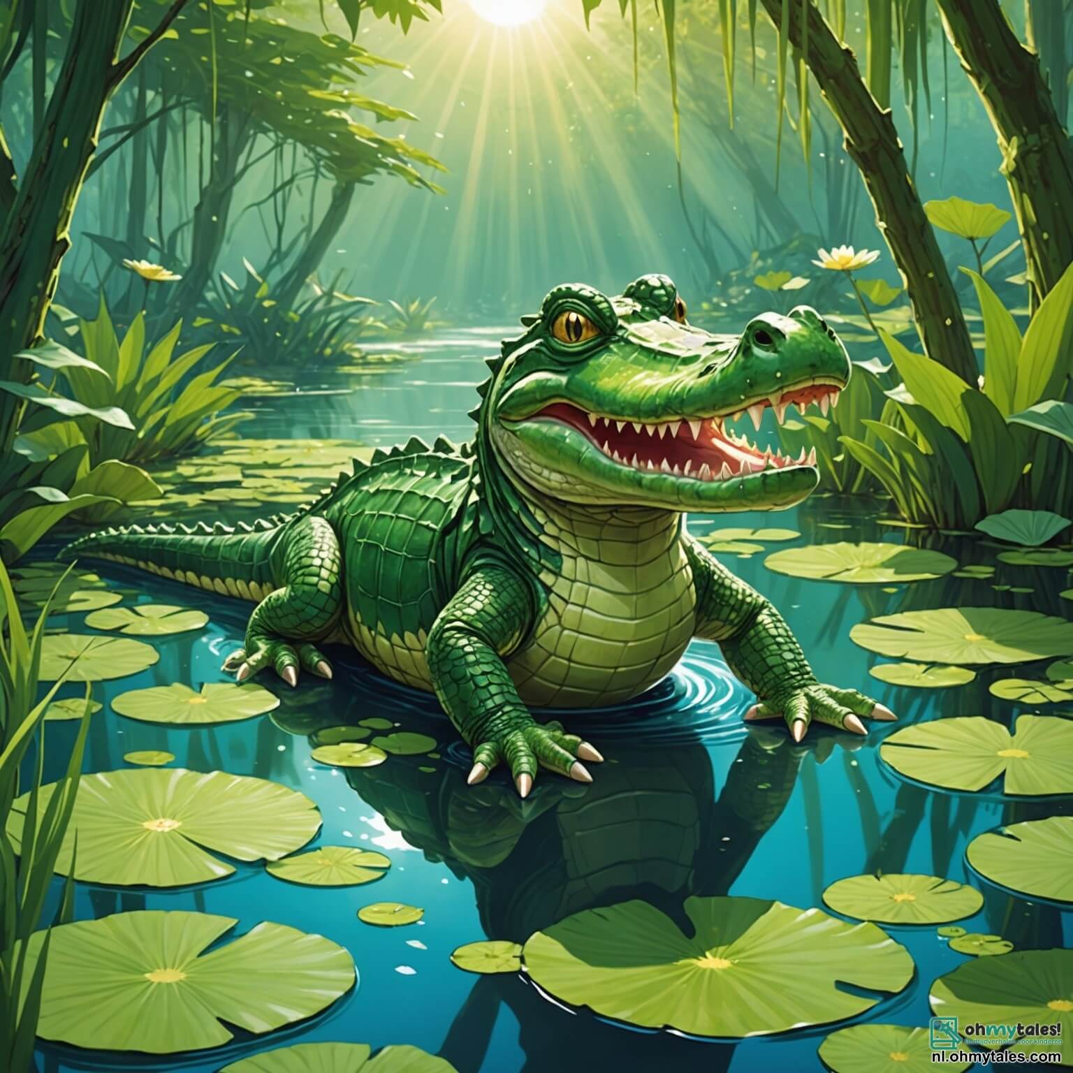 Une illustration destinée aux enfants représentant un crocodile à la peau luisante comme un émeraude, aux yeux pétillants de gentillesse, nageant joyeusement dans un vaste marécage où les nénuphars dansent au rythme du vent et où les rayons du soleil filtrent à travers les feuillages luxuriants, tandis qu'il s'apprête à aider un petit lapin aux grandes oreilles et à la fourrure douce comme du coton, qui pleure à cause de son ami, une souris effrayée, coincée dans un filet, le tout dans un décor vibrant de couleurs où le chant des oiseaux et le murmure de l'eau créent une mélodie apaisante.