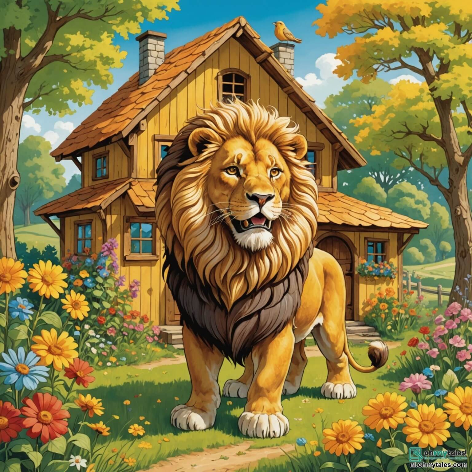 Une illustration destinée aux enfants représentant un majestueux lion à la crinière dorée, aux yeux pétillants de malice, se tenant fièrement devant sa charmante maison en bois ornée de fleurs colorées, dans une clairière ensoleillée du Dierenbos, où il s'apprête à concocter une immense et délicieuse tarte pour ses amis, entouré de son fidèle compagnon, une tortue sage et lente, ainsi que d'une joyeuse coccinelle aux ailes éclatantes, tandis que les rayons du soleil filtrent à travers les feuilles des arbres, créant un tableau vivant de rires et de gourmandises.