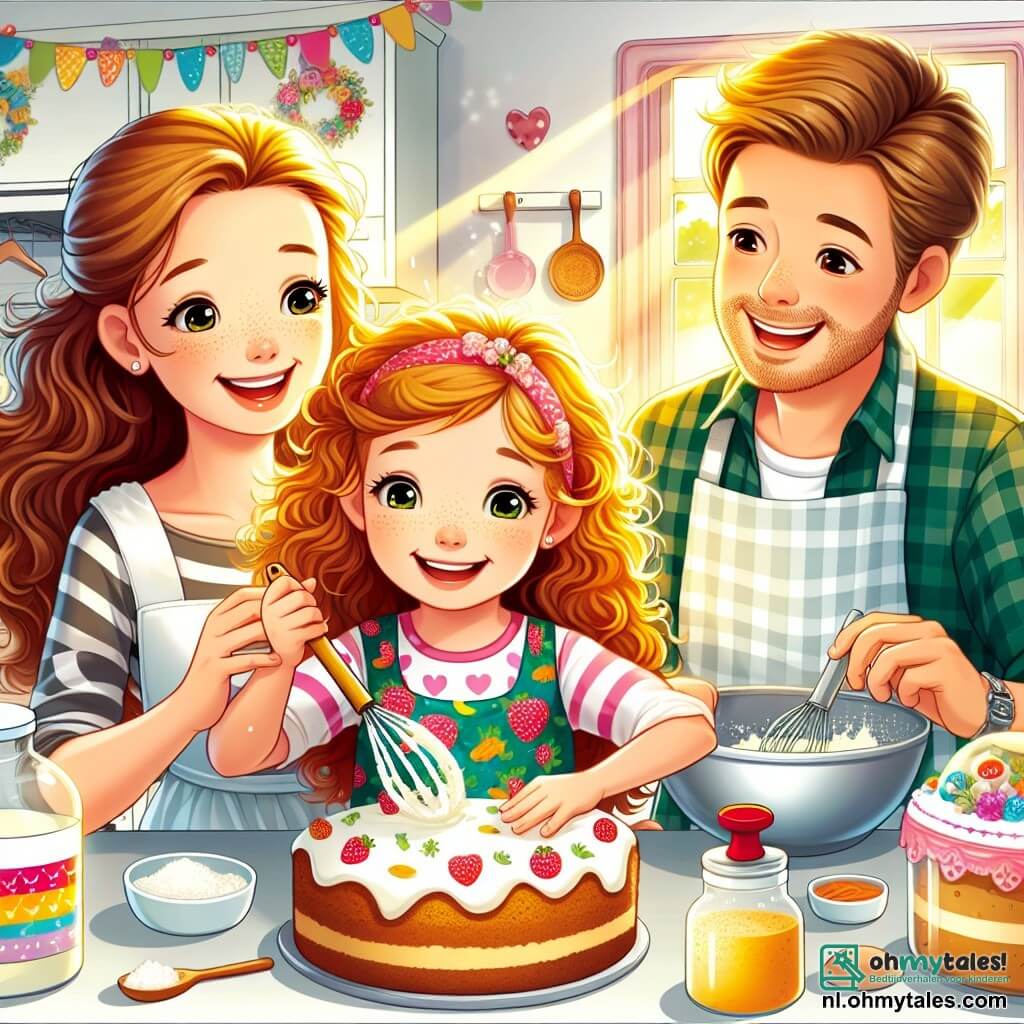 Une illustration sous forme de dessin destinée aux enfants représentant une scène chaleureuse dans une cuisine ensoleillée, où une petite fille de 5 ans aux cheveux bouclés et aux yeux pétillants, portant une robe colorée, mélange joyeusement la pâte à gâteau avec sa maman, une femme souriante aux cheveux longs et bruns, tandis qu'un papa au visage doux et à la barbe légère les observe avec un sourire bienveillant, illustrant un moment de complicité familiale malgré la séparation, entourés de décorations joyeuses et d'ustensiles de cuisine colorés.