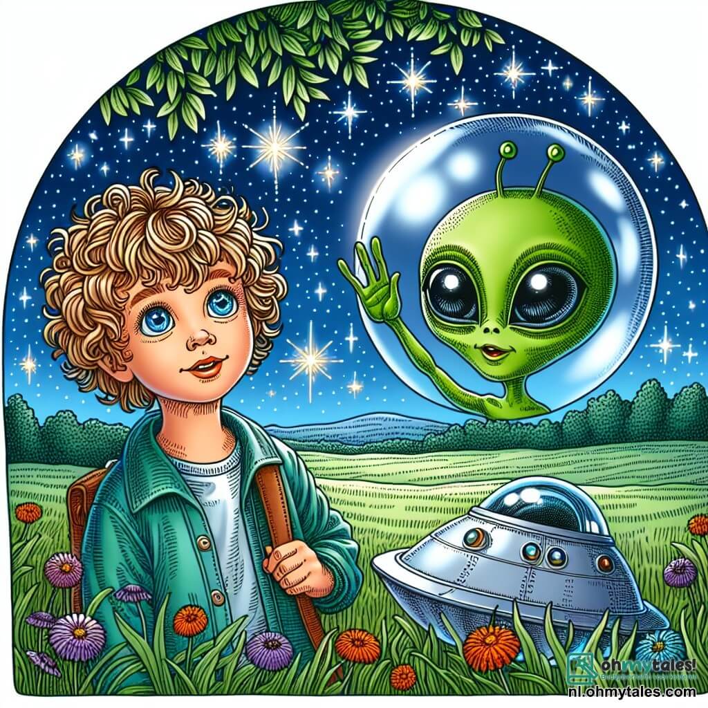 Une illustration sous forme de dessin destinée aux enfants représentant un champ verdoyant sous un ciel étoilé, où un garçon de 11 ans aux cheveux blonds bouclés et aux yeux pétillants observe avec émerveillement un petit vaisseau spatial brillant, tandis qu'un extraterrestre amical de couleur verte avec de grands yeux expressifs et trois doigts tendus sort de son vaisseau pour lui faire signe, illustrant leur rencontre magique et l'émerveillement de l'amitié intergalactique.