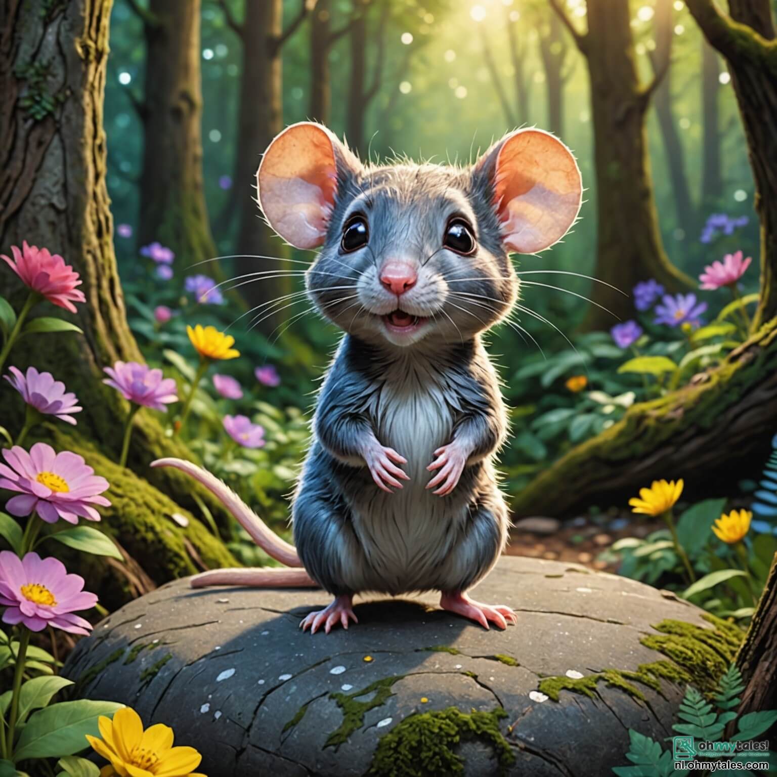 Une illustration destinée aux enfants représentant un petit rat au pelage gris scintillant, avec de grands yeux pétillants de malice et une petite queue agile, se tenant fièrement sur une pierre plate au cœur d'une forêt enchantée, où les rayons du soleil filtrent à travers le feuillage dense des arbres majestueux, illuminant les fleurs colorées qui dansent doucement au gré du vent, tandis qu'il élabore un plan astucieux pour rassembler ses amis, une eekhoorn espiègle aux oreilles pointues et un ours jovial à la fourrure brune, afin de préparer une grande fête pour tous les animaux du bois, tout en évitant les pièges tendus par le sage mais redouté hibou qui veille sur leur festin.