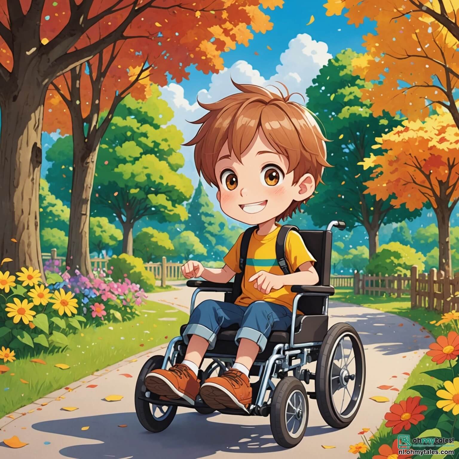 Une illustration destinée aux enfants représentant un garçon aux cheveux châtains et aux yeux pétillants, assis dans une belle et colorée chaise roulante ornée de stickers, qui, avec un sourire éclatant, découvre l'amitié et l'aventure dans un parc verdoyant, rempli de grands arbres aux feuilles dansantes, de fleurs multicolores qui embaument l'air, et d'une aire de jeux animée où un nouveau voisin, un garçon aux cheveux blonds et aux yeux brillants, l'invite à partager des moments de joie et de complicité, tandis qu'une petite fille aux tresses rousses les observe avec curiosité, prête à se joindre à eux pour créer des souvenirs inoubliables.
