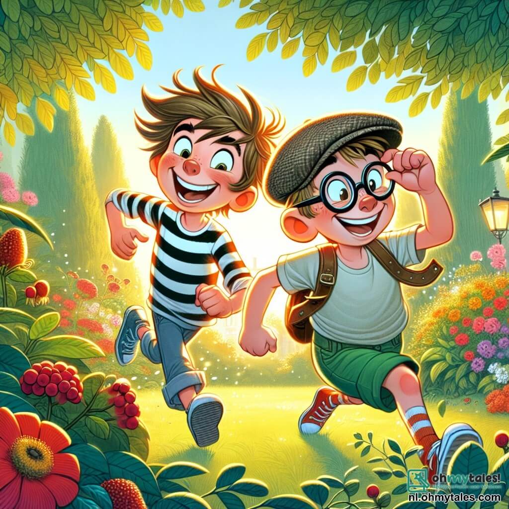 Une illustration destinée aux enfants représentant un garçon espiègle aux cheveux en bataille et au sourire malicieux, vêtu d'un t-shirt rayé et de shorts colorés, se lançant dans une aventure hilarante avec son meilleur ami, un garçon aux lunettes rondes et à la casquette vissée sur la tête, tous deux courant à travers un parc ensoleillé rempli de fleurs éclatantes, de grands arbres aux feuilles verdoyantes bruissant doucement dans le vent, et de rires d'enfants résonnant autour d'eux, alors qu'ils cherchent des trésors cachés et se retrouvent dans des situations cocasses, comme tomber dans un buisson de baies juteuses ou se faire arroser par un jet d'eau inattendu d'une fontaine, créant ainsi des souvenirs inoubliables de leur amitié pétillante.
