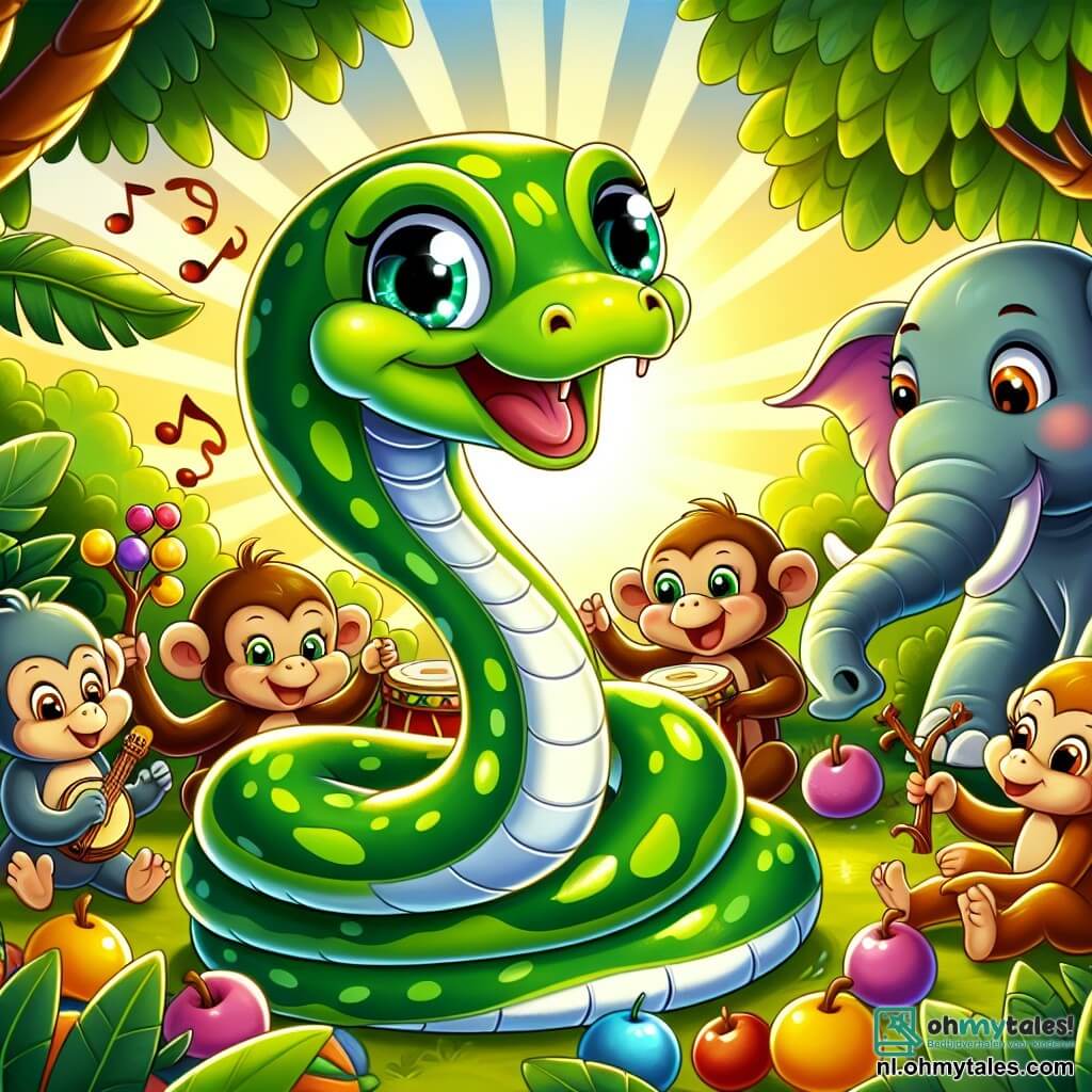 Une illustration sous forme de dessin destinée aux enfants représentant une jungle colorée et ensoleillée, où un serpent à la peau verte éclatante et aux yeux pétillants de curiosité danse joyeusement au milieu de ses amis, des singes espiègles aux visages souriants qui jouent de la musique avec des instruments faits de branches et de feuilles, tandis qu'une grande éléphante aux oreilles majestueuses les aide à rassembler des fruits colorés pour un grand festin, capturant l'esprit d'un joyeux rassemblement animalier pour célébrer l'amitié et la fête.