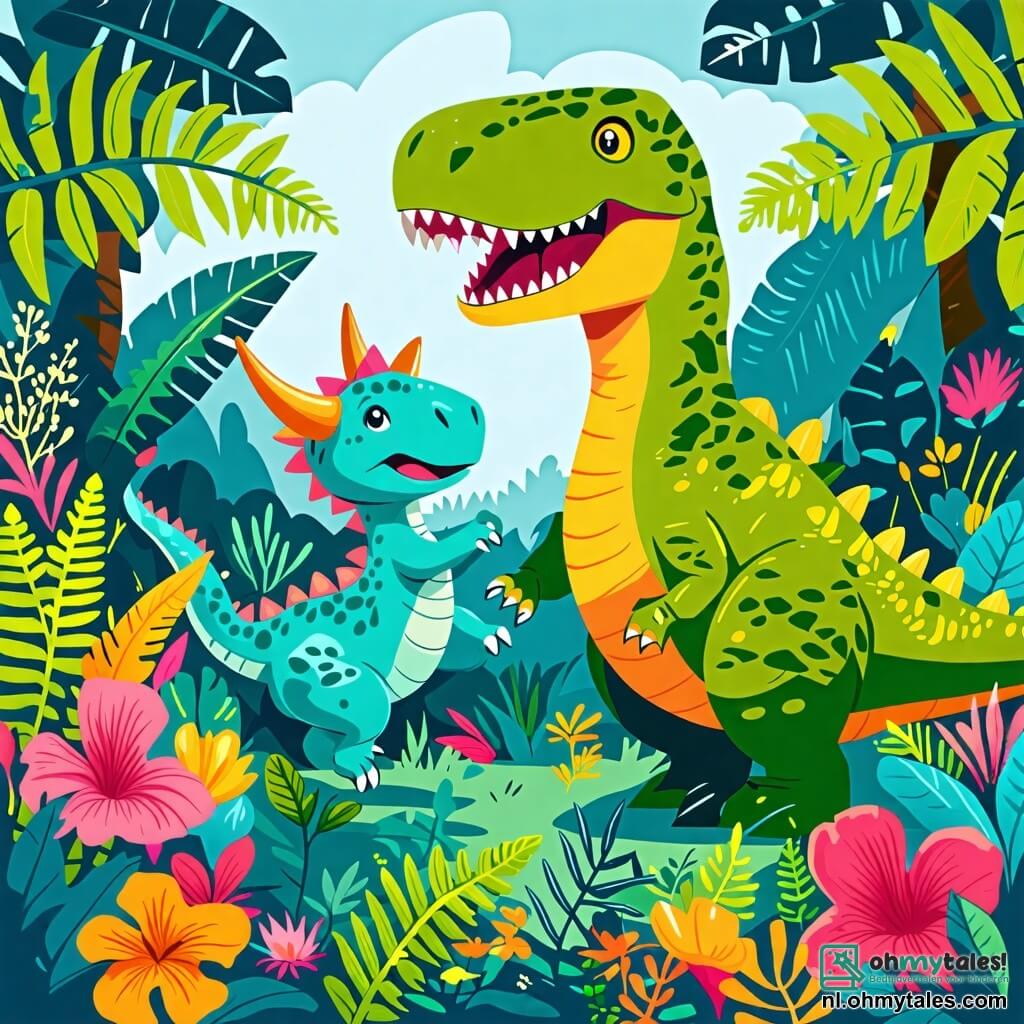 Une illustration sous forme de dessin destinée aux enfants représentant une scène colorée dans une forêt préhistorique luxuriante, avec un grand Tyrannosaure Rex aux écailles vertes et jaunes, aux bras courts et à la tête massive, qui sourit joyeusement en jouant avec une petite Triceratops aux trois cornes, de couleur turquoise, qui saute gaiement autour de lui, tandis qu'ils explorent ensemble un monde rempli de grandes fougères et de fleurs éclatantes, illustrant leur amitié et leur esprit d'aventure.