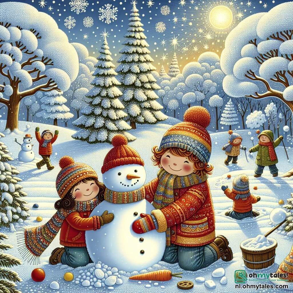 Illustratie van een magisch winterpark, bedekt met een dikke laag glinsterende sneeuw onder een heldere blauwe lucht. Bomen met met sneeuw beladen takken staan eromheen en creëren een feeërieke sfeer. In het midden bouwt een 3-jarig jongetje met roze wangen en sprankelende ogen, gekleed in een felrode jas, een wollen muts en handschoenen, een sneeuwman. Naast hem helpt een 4-jarig meisje met krullend haar en een kleurrijke sjaal door een wortel voor de neus en stenen voor de ogen te plaatsen. Ze lachen vrolijk, omringd door sneeuwballen en voetstappen in de sneeuw. Op de achtergrond spelen andere kinderen, gooien sneeuwballen en maken engelen in de sneeuw, terwijl de zon zachtjes schijnt en een gouden tint aan deze winterse scène toevoegt.