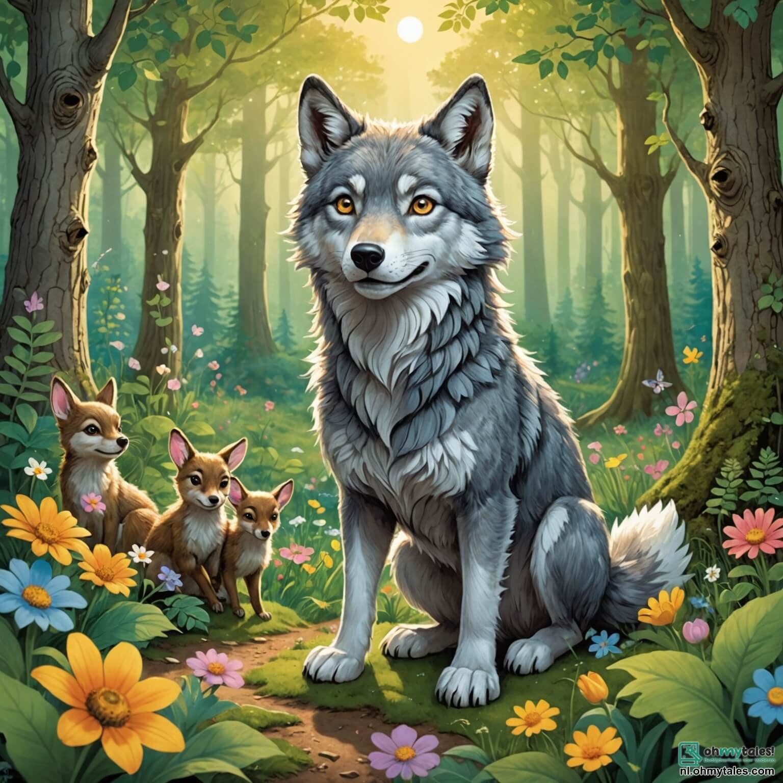 Une illustration destinée aux enfants représentant un loup à la fourrure douce et grise, aux yeux brillants de gentillesse, se tenant courageusement au cœur d'une forêt enchantée où les rayons du soleil filtrent à travers les feuillages verdoyants, illuminant les fleurs colorées qui dansent au gré du vent, tandis qu'il tente de se faire des amis parmi les autres animaux, comme une petite éekhoorn espiègle aux yeux pétillants et des lapins aux oreilles longues, tous réunis autour d'un grand chêne majestueux qui semble murmurer des secrets anciens.