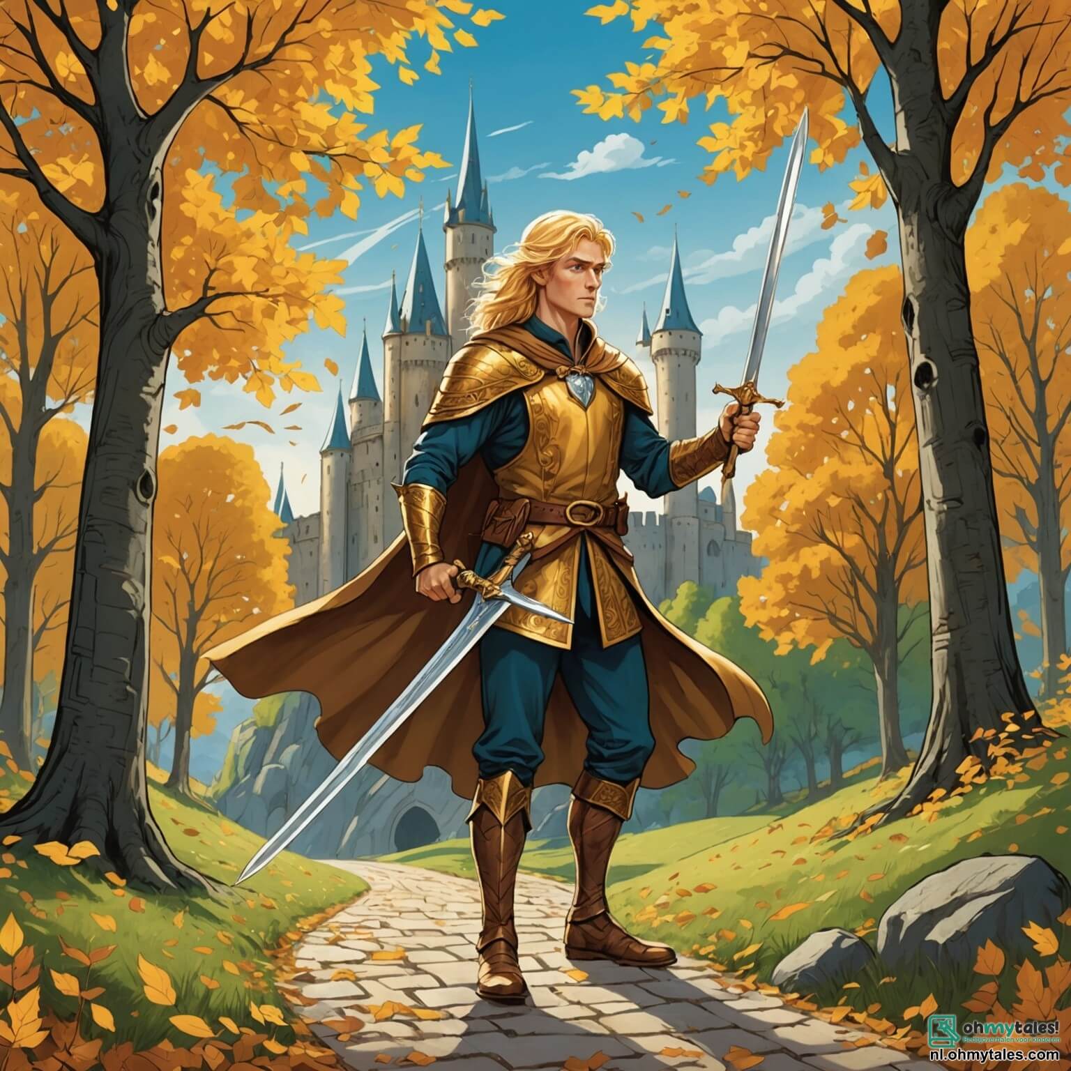 Une illustration destinée aux enfants représentant un homme courageux aux cheveux dorés flottant au vent, brandissant un épée scintillante, se tenant fermement sur un chemin sinueux bordé d'arbres aux feuilles dorées, dans un monde enchanteur où des créatures magiques comme une petite fille-elfe aux oreilles pointues et un vieux hibou sage aux plumes argentées l'accompagnent, alors qu'ils s'avancent vers un château imposant aux tours effilées et aux murs de pierre recouverts de lierre, où un sombre sorcier menace de voler la magie de leur royaume.