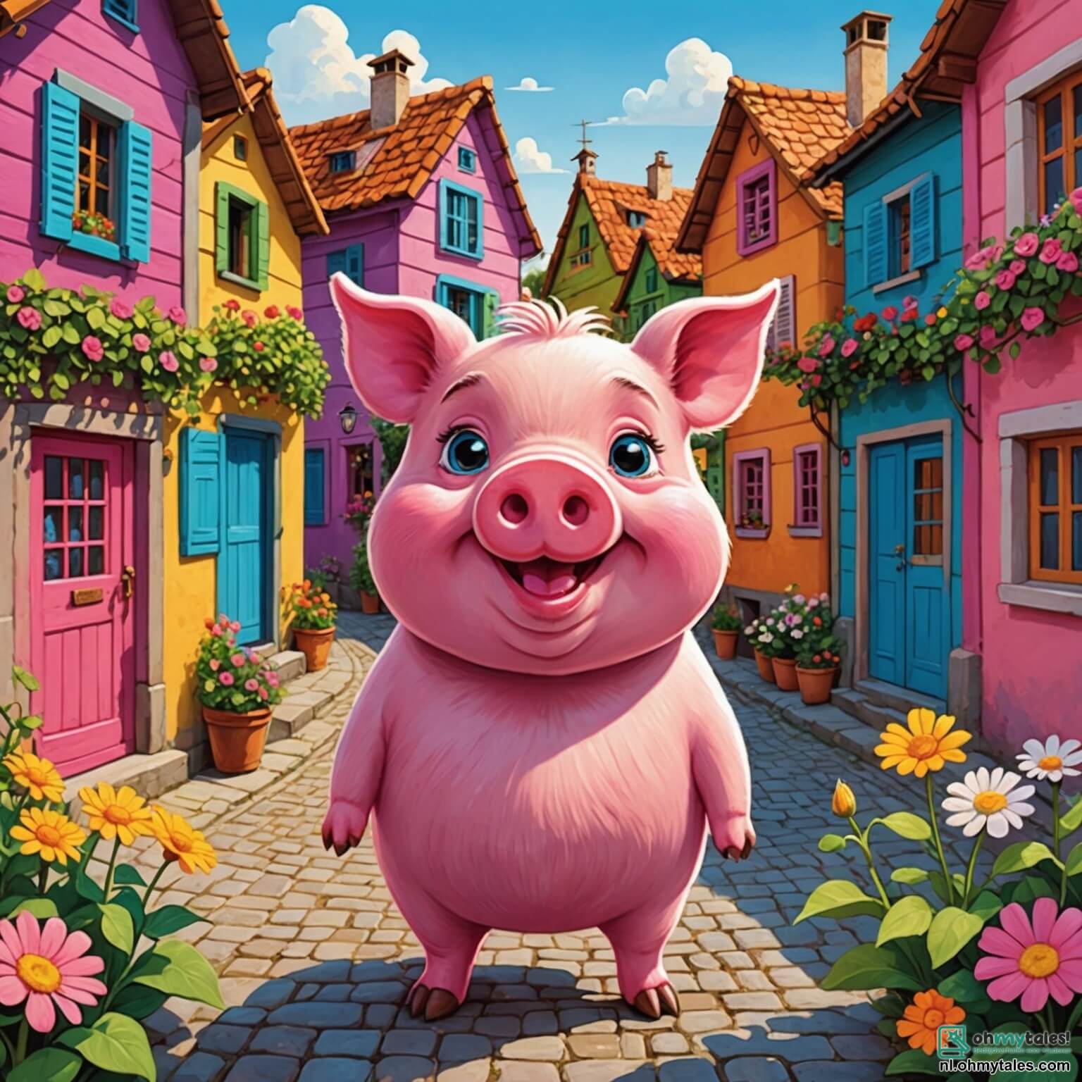 Une illustration destinée aux enfants représentant un petit cochon rose aux yeux pétillants, avec un sourire éclatant et des joues rebondies, se tenant au milieu d'un village coloré où les maisons en bois aux volets peints de toutes les couleurs s'alignent le long de ruelles pavées, entouré de fleurs éclatantes et de verdure luxuriante, tandis qu'il rêve de devenir le meilleur ami de tous les animaux du coin, comme la sage chouette perchée sur une branche d'un grand chêne majestueux et le rapide lapin aux grandes oreilles qui s'élance à travers les champs ensoleillés, tout cela sous un ciel bleu azur parsemé de nuages cotonneux.