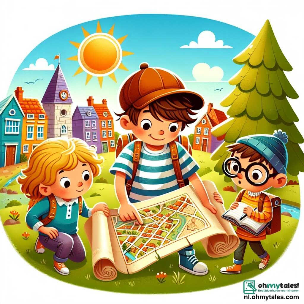 Une illustration sous forme de dessin destinée aux enfants représentant un petit village ensoleillé avec des maisons colorées et un grand arbre au centre, où un garçon de 11 ans aux cheveux bruns en bataille, portant une casquette et un t-shirt à rayures, examine attentivement une vieille carte avec ses amis, une fille aux cheveux blonds et bouclés qui tient un carnet, et un garçon aux lunettes et aux cheveux noirs qui pointe du doigt un endroit sur la carte, alors qu'ils cherchent une mystérieuse clé perdue dans leur quête d'aventure.