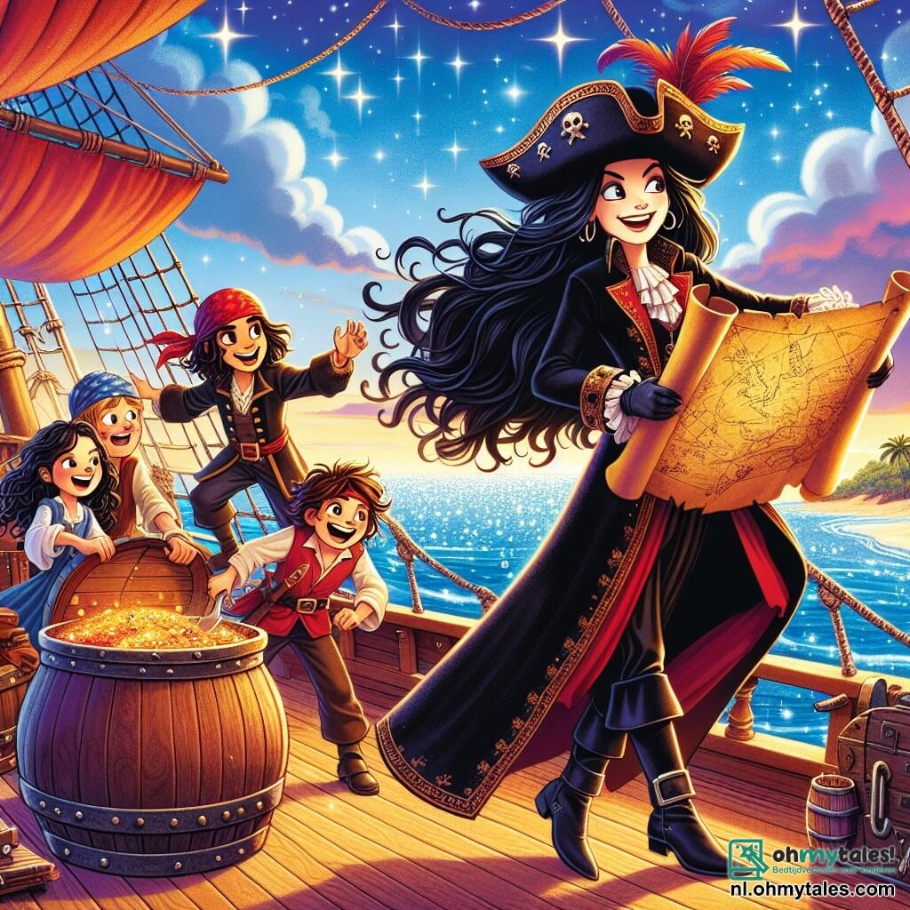 Une illustration sous forme de dessin destinée aux enfants représentant une scène vibrante sur le pont d'un magnifique navire pirate, la mer scintillante en arrière-plan, avec une femme pirate courageuse aux cheveux noirs flottants, portant une longue veste noire et un chapeau orné d'une grande plume, tenant une ancienne carte au trésor, entourée de son équipe composée d'un garçon musclé avec un bandana rouge, qui ajuste les voiles, et d'une fille joyeuse aux cheveux bouclés, riant tout en préparant un festin dans une grande marmite, alors qu'ils se préparent à naviguer vers l'île mystérieuse à la recherche d'une légendaire cachette de trésor.