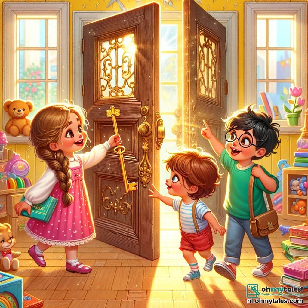Illustratie van een scène in een kleurrijke en zonnige klaslokaal, met muren geschilderd in geel en ramen die licht binnenlaten. In het midden staat een grote oude houten deur, iets open, die een mysterieuze kamer laat zien vol met glinsterende speelgoed en boeken met glanzende covers. In deze scène zijn drie kinderen aanwezig: een meisje van 6 jaar met lange gevlochten bruine haren, gekleed in een roze jurk met witte stippen, die een kleine gouden sleutel in haar hand houdt. Naast haar kijkt een jongen van 5 jaar met rommelig blond haar, gekleed in een blauwe t-shirt en rode shorts, met grote ogen naar de deur. Ten slotte wijst een ander meisje van 6 jaar, met zwart haar en ronde bril, gekleed in een groene blouse, op de sleutel, zichtbaar opgewonden. De kinderen zijn op ontdekkingstocht, hand in hand, met gezichten verlicht door nieuwsgierigheid en verwondering. Rond hen liggen kleurrijke speelgoed verspreid over de vloer en boeken zijn opgestapeld op planken, wat een vleugje magie toevoegt aan deze avontuurlijke scène.