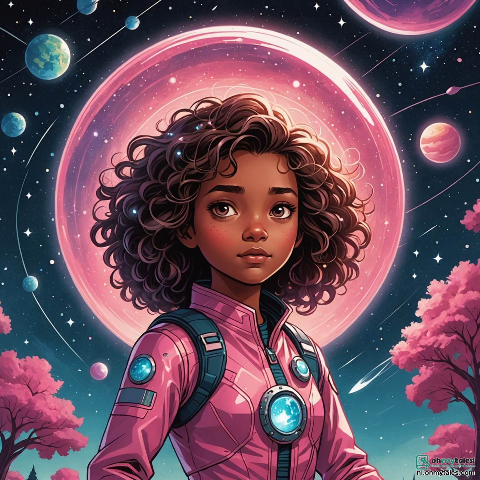 Une illustration destinée aux enfants représentant une jeune femme intrépide aux cheveux ébouriffés et aux yeux pétillants d'étoiles, naviguant à bord de son vaisseau spatial scintillant comme un bijou dans l'immensité du cosmos, se lance dans une quête palpitante pour découvrir des artefacts mystérieux sur la planète Zylor, où des arbres aux troncs en spirale et des feuilles en forme de cœur dansent sous un ciel rose, tout en étant accompagnée de son ami intelligent, un garçon aux lunettes rondes et au sourire contagieux, qui l'aide à surmonter les défis de leur aventure intergalactique.