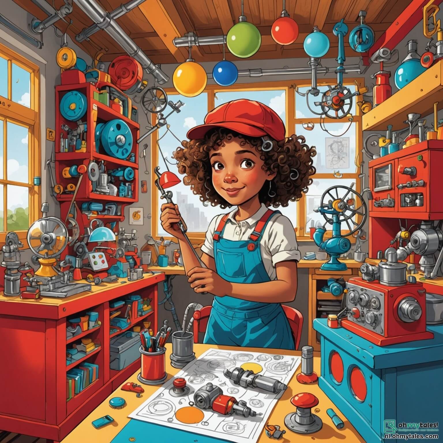 Une illustration destinée aux enfants représentant une femme pétillante aux cheveux bouclés, entourée de machines colorées et de gadgets farfelus dans son petit atelier lumineux, où les murs sont tapissés de croquis d'inventions, tandis qu'elle est en train de créer une machine volante avec l'aide de deux enfants, un garçon à la casquette rouge et une fille aux cheveux frisés, tous deux remplis d'enthousiasme et d'émerveillement, le tout dans un cadre enchanteur où la lumière du soleil filtre à travers les fenêtres ornées de rideaux à motifs joyeux, illuminant des pots de peinture et des outils éparpillés sur une table en bois usée par le temps.