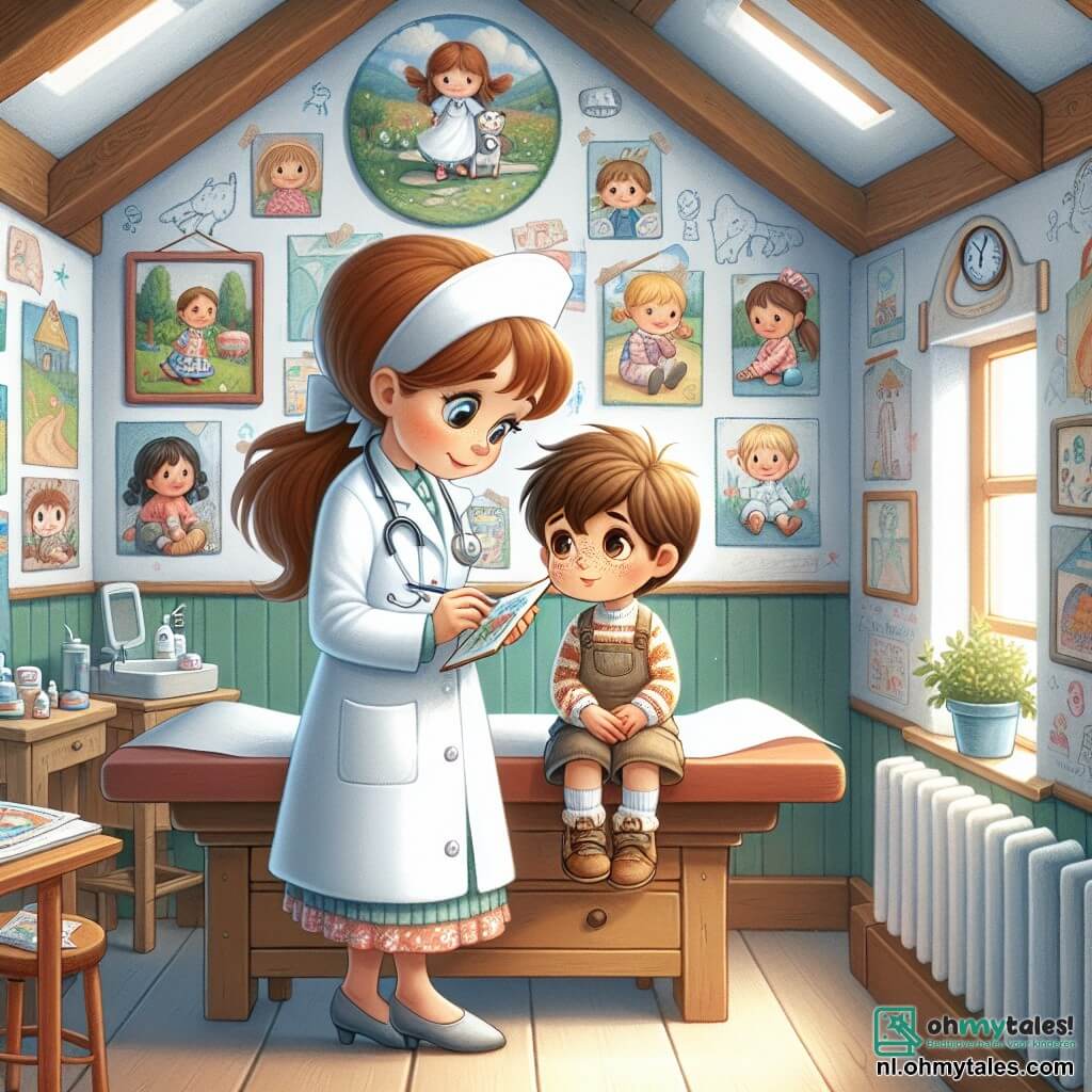 Une illustration sous forme de dessin destinée aux enfants représentant l'intérieur chaleureux d'une petite pratique médicale, avec des murs décorés de dessins d'enfants, où une femme médecin aux longs cheveux châtains et à la blouse blanche examine attentivement un jeune garçon aux cheveux bruns et aux taches de rousseur, assis sur une table d'examen, tandis qu'une petite fille aux cheveux blonds et à la robe colorée, tenant un dessin dans ses mains, regarde avec curiosité, capturant l'instant où le médecin aide les enfants à se sentir mieux dans une ambiance amicale et rassurante.