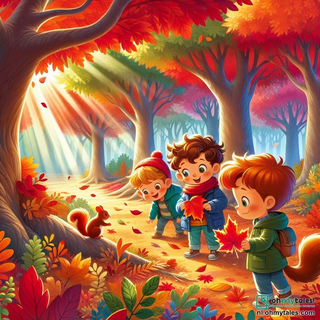 Illustratie van een herfstscène in een betoverd bos. De majestueuze bomen zijn versierd met vurig gekleurde bladeren in rood, oranje en geel, die een kleurrijk tapijt op de grond vormen. Het zonlicht filtert door de takken en werpt zachte schaduwen op de grond. Drie jongens van ongeveer 8 jaar staan in het midden van de afbeelding. De eerste jongen, met bruin krullend haar, draagt een blauwe jas en een rode muts. Hij leunt naar voren, verwonderd door een groot rood blad dat hij in zijn handen houdt. De tweede jongen, met blond haar en een groene sjaal, glimlacht terwijl hij een geel blad laat zien dat hij heeft gevonden. De derde jongen, met kastanjebruin, steil haar, draagt een oranje jas en kijkt naar een klein eekhoorntje dat op een tak zit, met glanzende ogen van opwinding. De scène straalt een vrolijke en nieuwsgierige sfeer uit, die de verwondering van kinderen voor de schoonheid van de herfst illustreert. Bladeren vallen zachtjes om hen heen, en een klein eekhoorntje met een bruin vacht en heldere ogen is zichtbaar in de boom, wat een levendig tintje toevoegt aan deze mooie herfstdag.