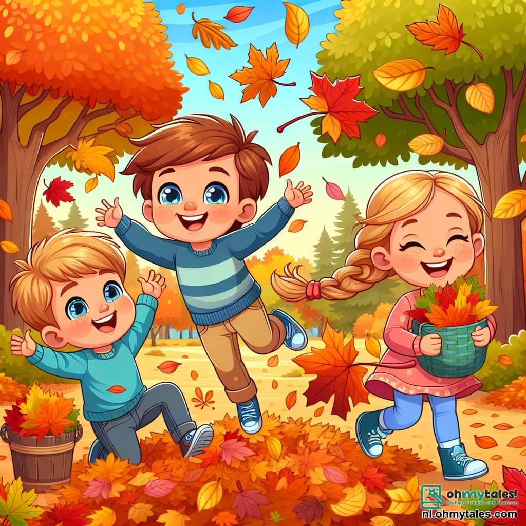 Une illustration sous forme de dessin destinée aux enfants représentant un parc automnal vibrant de couleurs avec des feuilles orange, jaunes et rouges tombant des arbres, où un garçon de 5 ans aux cheveux bruns et aux yeux pétillants, vêtu d'un pull bleu et d'un pantalon beige, s'amuse à sauter dans une pile de feuilles, entouré de deux amis : une fille aux cheveux blonds tressés portant une robe rose qui ramasse des feuilles, et un garçon aux cheveux châtains en t-shirt vert qui rit en lançant des feuilles en l'air, illustrant leur joie et leur camaraderie lors de leur aventure d'automne.