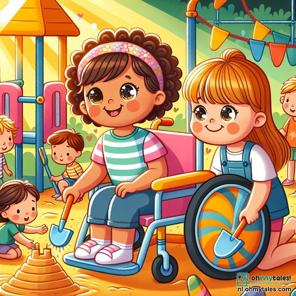 Une illustration sous forme de dessin destinée aux enfants représentant une joyeuse aire de jeux ensoleillée avec une grande structure de jeux colorée, où une petite fille de 3 ans aux cheveux bouclés et aux yeux pétillants, assise dans sa chaise roulante, sourit en tenant une grande pelle en plastique, tandis qu'une autre petite fille de 4 ans, avec une queue de cheval et un t-shirt rayé, l'aide à construire un château de sable, entourées de plusieurs enfants, garçons et filles, qui les regardent avec admiration et participent à la construction, illustrant ainsi l'amitié et l'inclusivité dans le jeu.