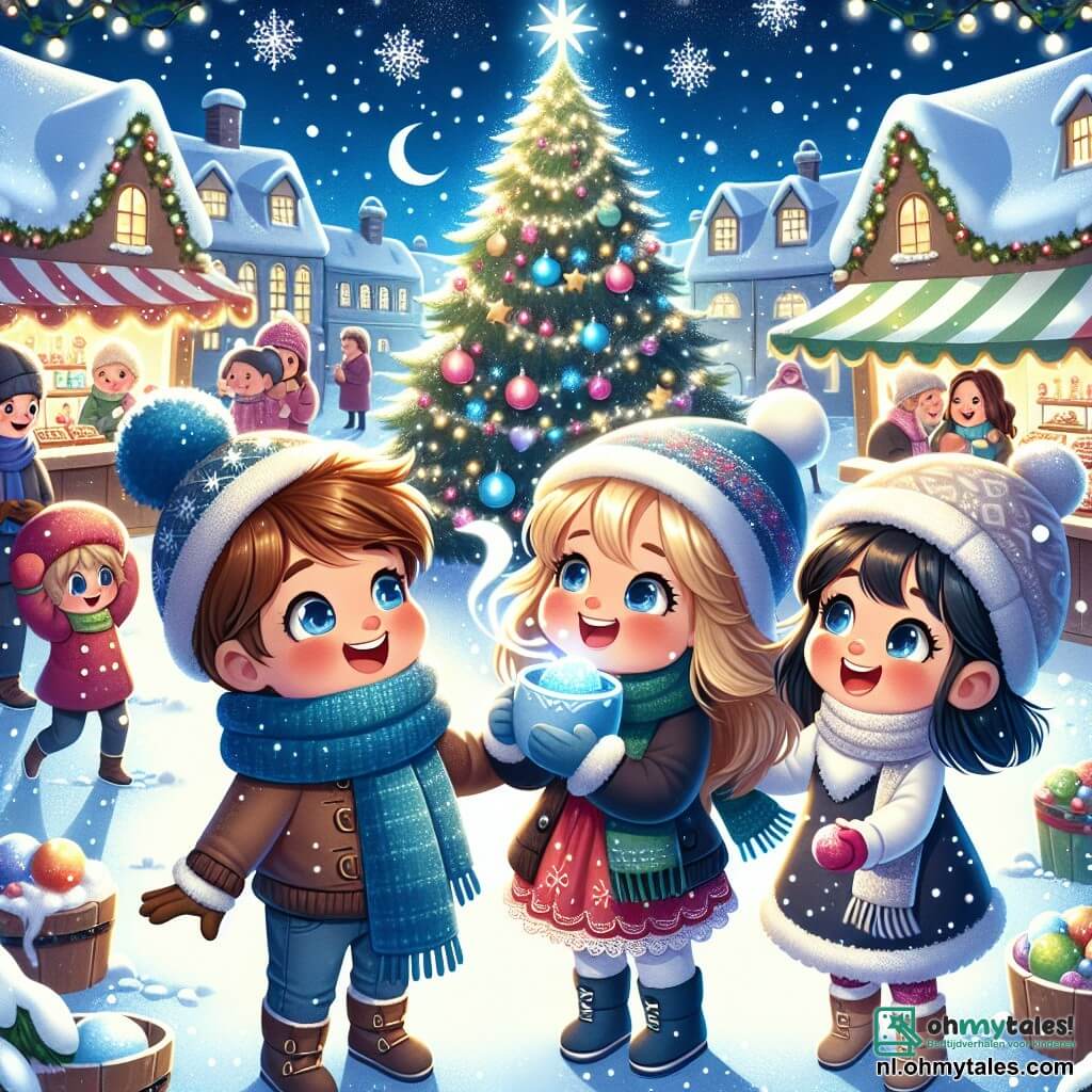Illustratie van een magische kerstscène op een besneeuwd dorpsplein. In het midden staat een grote, schitterende kerstboom die met duizenden lichtjes is verlicht, omringd door kleurrijke kraampjes die lekkernijen en versieringen verkopen. Drie kinderen staan op de voorgrond: een 8-jarige jongen met kastanjebruin haar en een grote blauwe sjaal, die vrolijk lacht terwijl hij een dampende mok warme chocolademelk vasthoudt; een 7-jarig meisje met blond haar in een mooie rode jurk, dat een sneeuwbal aan het maken is; en een andere jongen van 9 jaar met zwart haar en een pet, klaar om een sneeuwbal naar zijn vrienden te gooien. De scène straalt een feestelijke sfeer uit, met sneeuwvlokken die zachtjes uit de lucht vallen, fonkelende lichtjes die de gezichten van de kinderen verlichten en stralende glimlachen. Op de achtergrond wandelen gezinnen, spelen kinderen en schitteren sterren in de nachtelijke lucht.