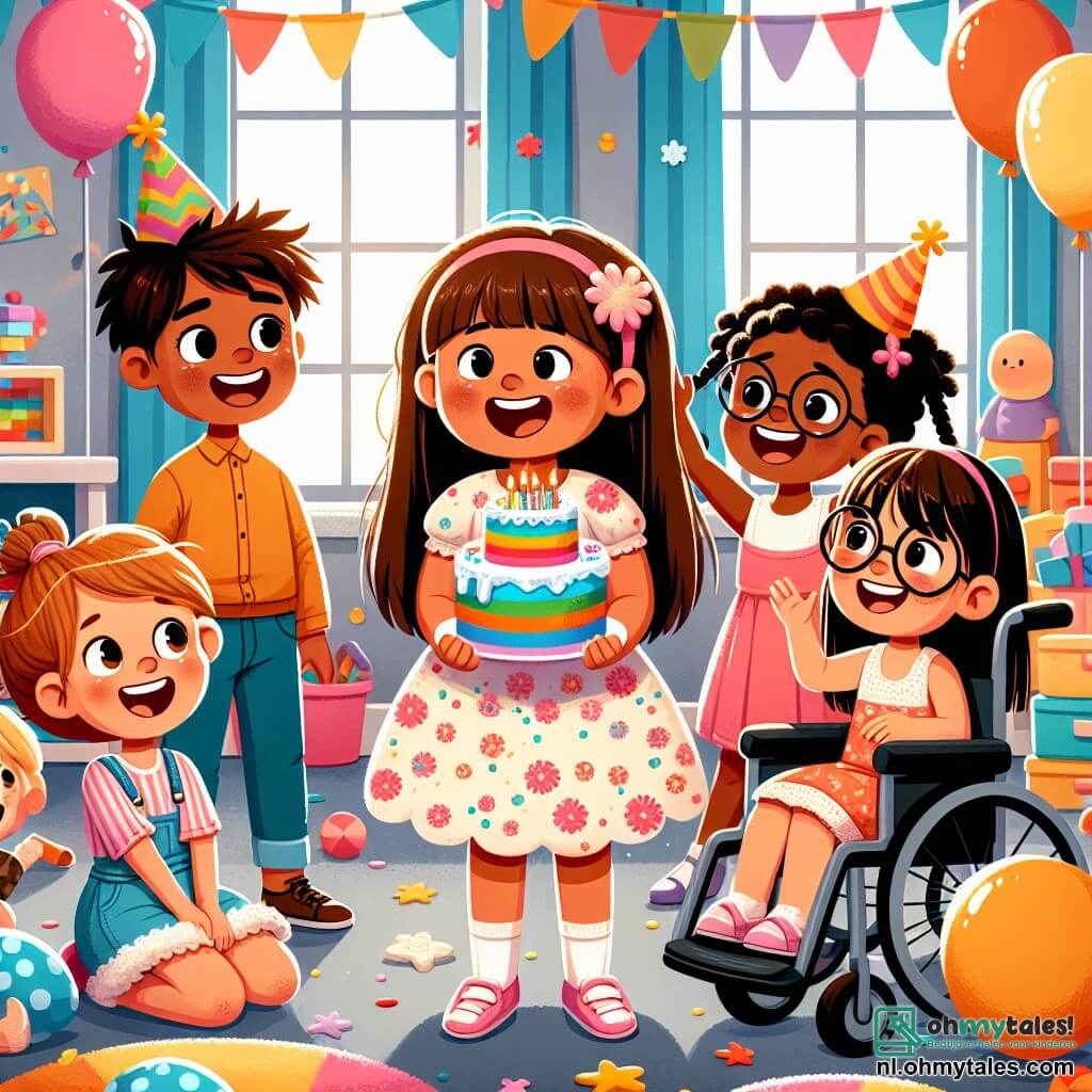 Illustratie die een warme scène toont in een kleurrijke speelkamer, gevuld met zachte kussens en verspreid speelgoed. In het midden staat een groep kinderen in een cirkel, lachend en verhalen delend. Tussen hen is een achtjarig meisje met grote bruine krullen en een stralende glimlach, gekleed in een bloemenjurk, dat een mooie taart met felle kleuren vasthoudt. Naast haar zit een ander meisje van dezelfde leeftijd, met gevlochten blond haar en een bril, in een rolstoel, dat vrolijk glimlacht terwijl ze haar handen omhoog steekt. Een iets oudere jongen met kastanjebruin haar kijkt aandachtig naar hen, zijn gezicht drukt begrip uit. De belangrijkste situatie toont deze kinderen die hun emoties delen over de scheiding van hun ouders, wat een band van vriendschap en steun creëert. Op de achtergrond voegen feestelijke decoraties, zoals ballonnen en kleurrijke slingers, een vrolijke sfeer toe, terwijl een groot raam zonlicht binnenlaat, wat hoop en de warmte van nieuwe vriendschappen symboliseert.