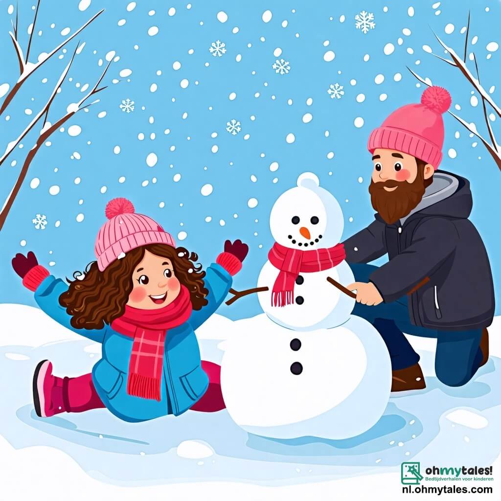 Illustratie van een betoverend winterlandschap, met sneeuwvlokken die zachtjes uit de helderblauwe lucht vallen. Op de voorgrond ligt een 3-jarig meisje met bruine, krullende haren in de sneeuw, met haar armen wijd uitgestrekt terwijl ze een sneeuwengel maakt, haar gezicht straalt van vreugde en geluk. Naast haar is een man van ongeveer dertig met een bruine baard en een warme glimlach bezig een grote sneeuwbal te rollen om een sneeuwman te maken. Hij draagt een zwarte jas en een wollen muts. Een vrouw van rond de dertig met kastanjebruin haar in een knot glimlacht terwijl ze een kleine sneeuwbal in haar handen houdt, klaar om deze aan de sneeuwman toe te voegen. Op de achtergrond staat een al voltooide sneeuwman trots met een wortel als neus, een rode sjaal en een zwarte hoed. Bladloze bomen omringen de scène, bedekt met een dunne laag sneeuw, wat een magische en blije sfeer creëert. De zonnestralen breken door de wolken en verlichten de scène met een zachte, warme gloed.