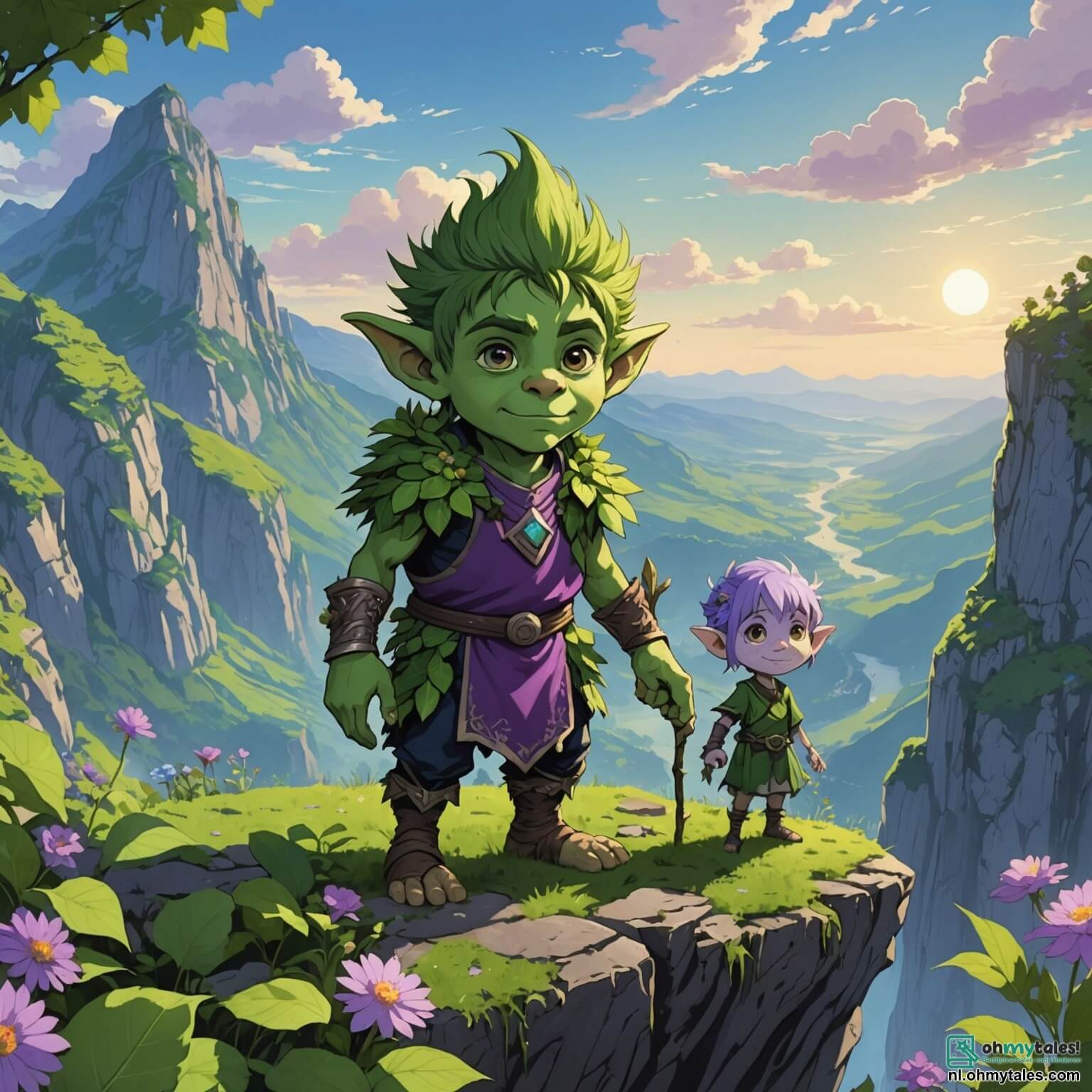 Une illustration destinée aux enfants représentant un jeune troll au teint vert éclatant, avec de grands yeux pétillants de curiosité et une tunique faite de feuilles et de fleurs, se tenant courageusement au bord d'une falaise surplombant la Vallee de la Verloren Dromen, un endroit enchanteur où des montagnes majestueuses aux sommets scintillants se dressent comme des gardiens de secrets anciens, tandis qu'à ses côtés se tiennent une trolline à la peau violette, aux longs cheveux ondulés ornés de fleurs colorées, et un troll costaud à la barbe de mousse, tous deux prêts à l'accompagner dans une quête palpitante pour découvrir des trésors cachés et des mystères oubliés, tout en affrontant des trolls méfiants et des défis magiques qui mettront leur amitié à l'épreuve.