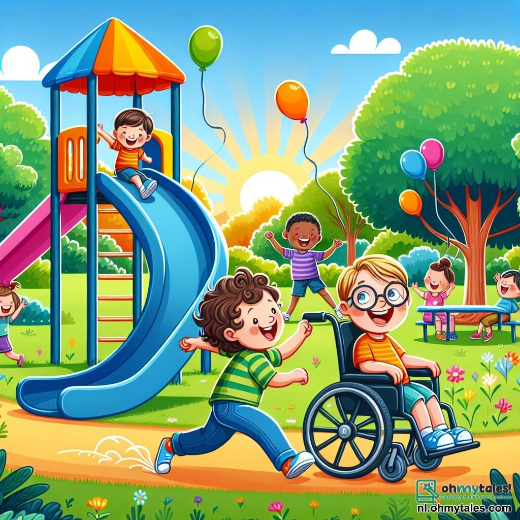 Illustration destinée aux enfants représentant un parc ensoleillé, rempli de verdure luxuriante, avec des arbres majestueux et une grande aire de jeux colorée où se trouve une glissade géante. Au premier plan, un garçon de 4 ans aux cheveux bruns et bouclés, souriant et plein d'énergie, est en train de courir vers la glissade, ses yeux pétillants d'excitation. À côté de lui, un autre garçon de 4 ans, assis dans un fauteuil roulant, avec des cheveux blonds et des lunettes, rit joyeusement en attendant son tour pour glisser, tandis qu'un adulte bienveillant, aux cheveux châtains, l'aide à se préparer. La scène dégage une atmosphère de joie et d'amitié, illustrant le plaisir de jouer ensemble, peu importe les différences. Des ballons colorés flottent dans l'air et des enfants rient autour, ajoutant une touche festive à l'ensemble.