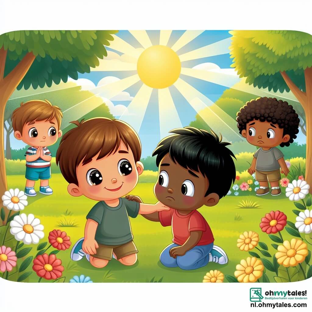 Une illustration sous forme de dessin destinée aux enfants représentant un parc ensoleillé avec des arbres verts et des fleurs colorées, où un garçon de 7 ans, avec des cheveux bruns et des yeux pétillants, sourit en jouant avec un autre enfant aux cheveux noirs et à la peau claire, tandis qu'un troisième enfant, avec des cheveux crépus et une peau foncée, les observe avec un air triste, illustrant une scène où le garçon essaie de réconforter son ami en lui montrant l'importance de l'amitié et du respect, malgré les différences.