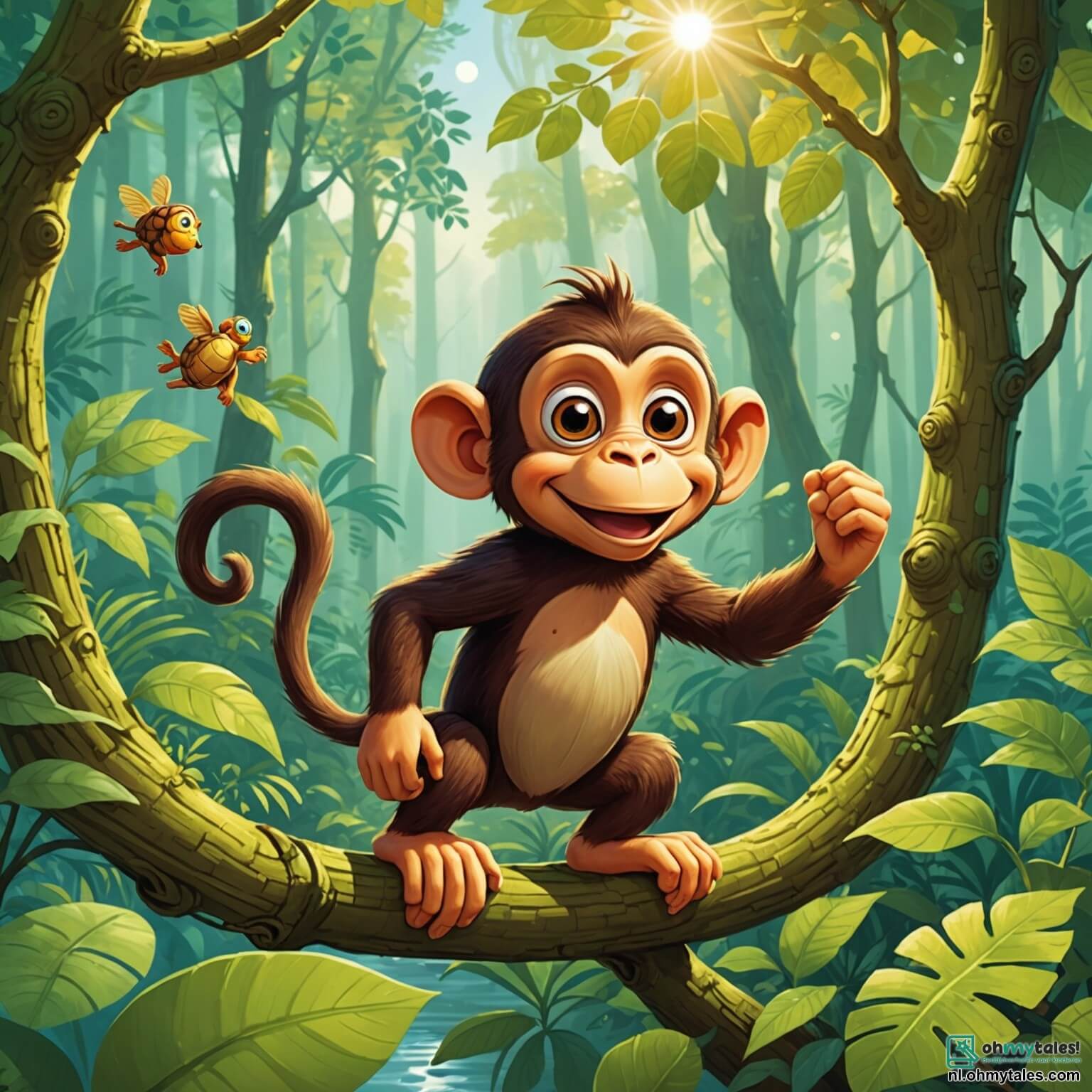 Une illustration destinée aux enfants représentant une guenon espiègle aux yeux pétillants, sautillant joyeusement de branche en branche dans une forêt luxuriante où les rayons du soleil filtrent à travers le feuillage dense, tandis qu'un sage vieux tortue, avec sa carapace rugueuse et ses yeux doux, l'observe tranquillement depuis le sol, se demandant quelles nouvelles aventures l'attendent dans ce monde vibrant de couleurs et de vie.