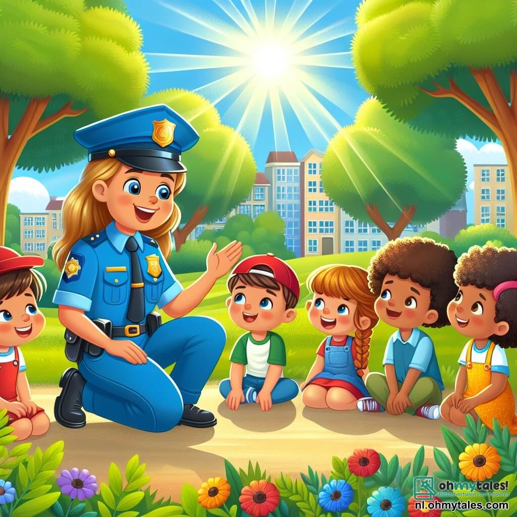 Une illustration sous forme de dessin destinée aux enfants représentant un parc ensoleillé avec des arbres verdoyants et des fleurs colorées, au centre une femme policière souriante en uniforme bleu, agenouillée pour parler à un groupe de quatre enfants : un garçon avec une casquette rouge, une fille avec une jolie tresse, un garçon aux cheveux bouclés et une fille en robe colorée, tous écoutant attentivement et riant, alors qu'ils jouent ensemble à un jeu éducatif sur la sécurité et l'entraide, créant une atmosphère joyeuse et amicale.