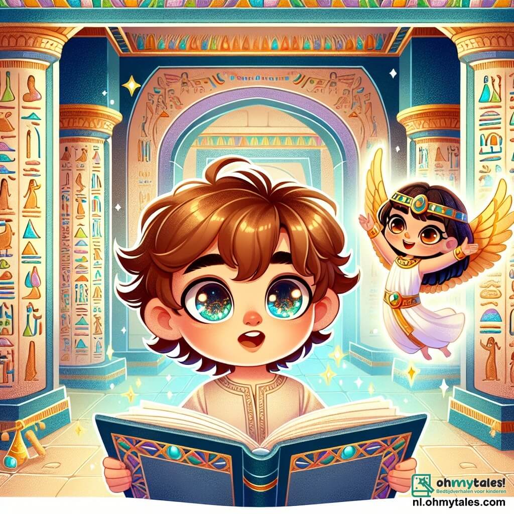 Une illustration sous forme de dessin destinée aux enfants représentant une grande salle ornée de hiéroglyphes colorés dans une ancienne pyramide égyptienne, où un jeune garçon aux cheveux bruns et aux yeux pétillants, vêtu d'une tunique légère, explore avec émerveillement un livre magique rempli d'histoires, tandis qu'un petit dieu égyptien aux ailes dorées, flottant joyeusement à ses côtés, l'encourage à découvrir les secrets de l'aventure qui les attend.
